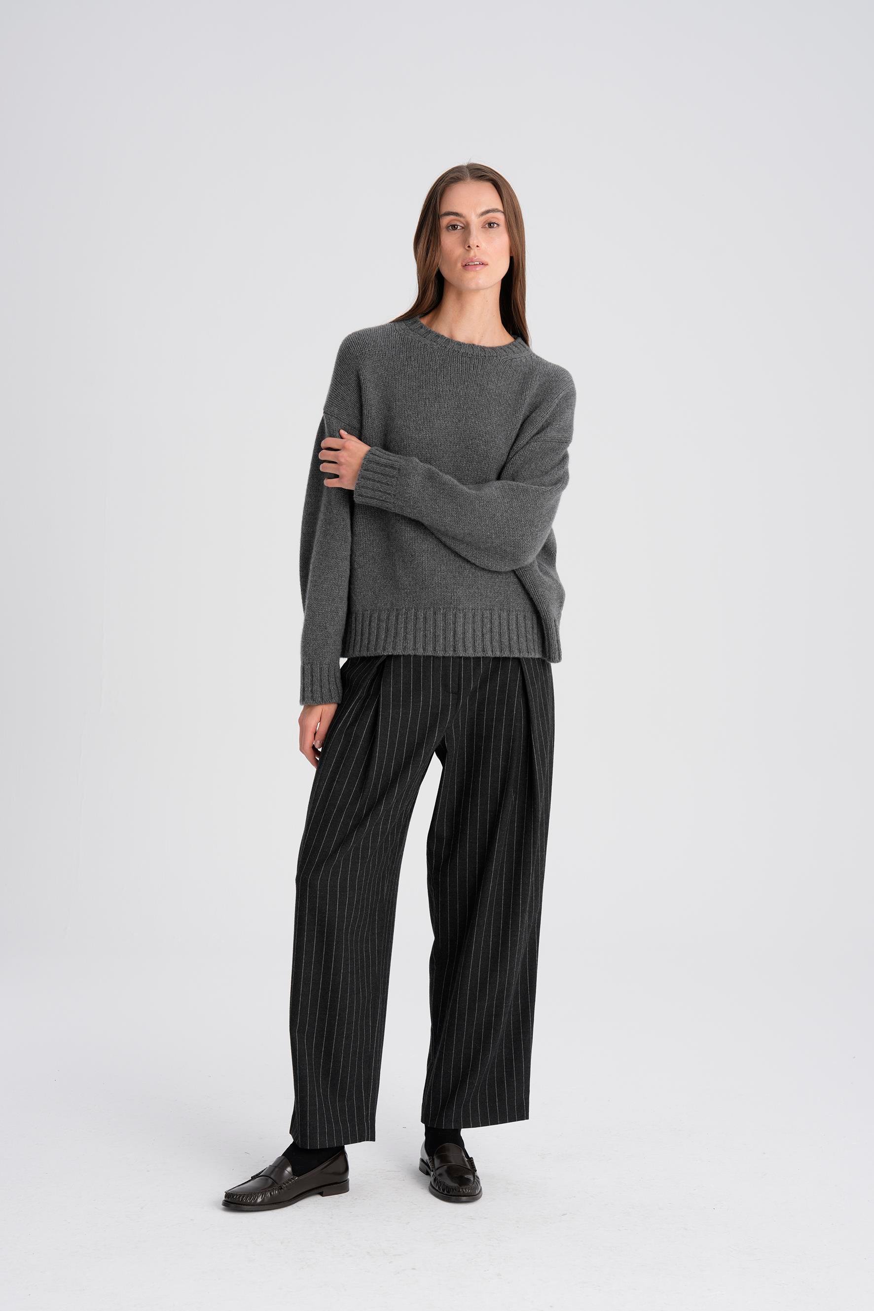 Antrasit Pinstripe Pileli Yünlü Pantolon