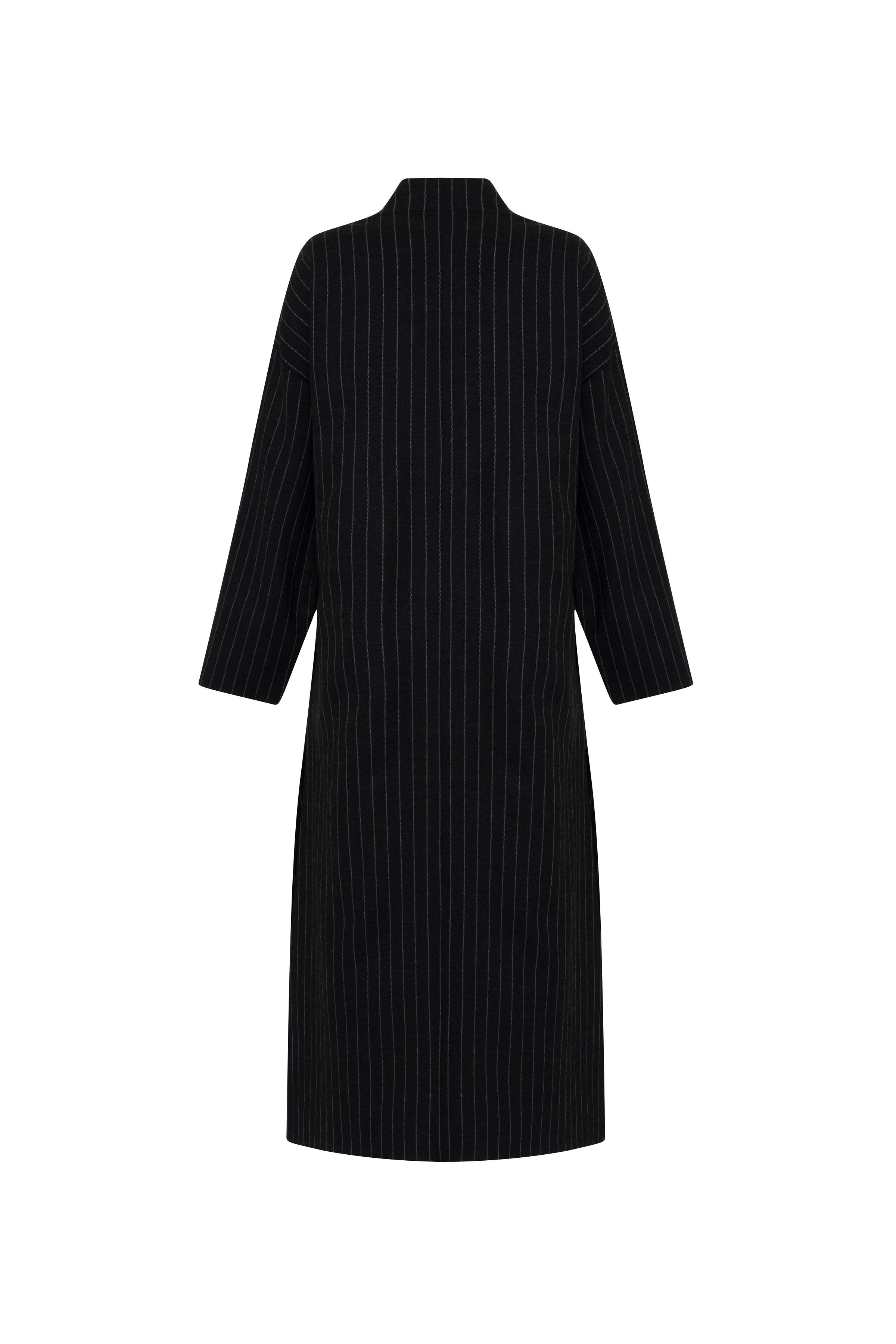 Antrasit Pinstripe Yünlü Uzun Kimono