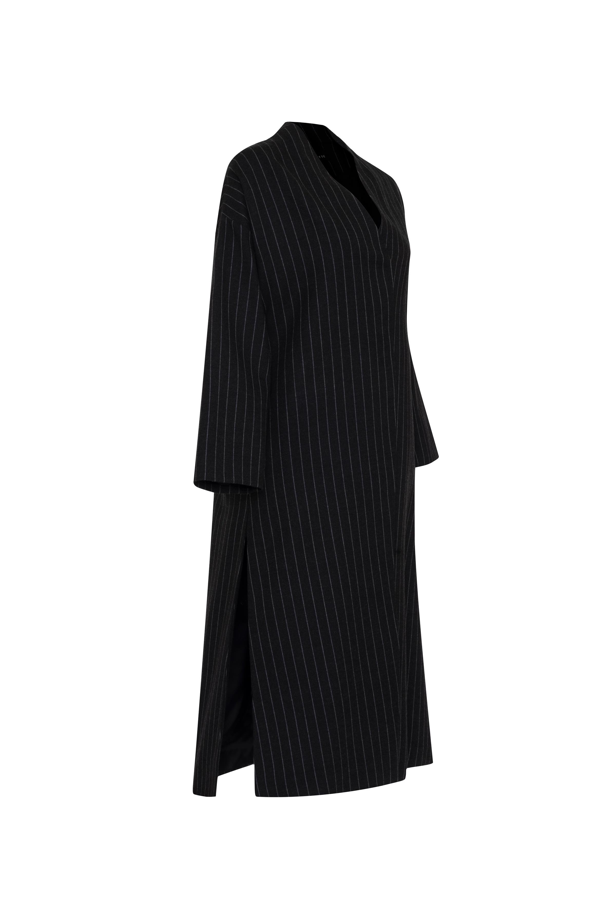 Antrasit Pinstripe Yünlü Uzun Kimono