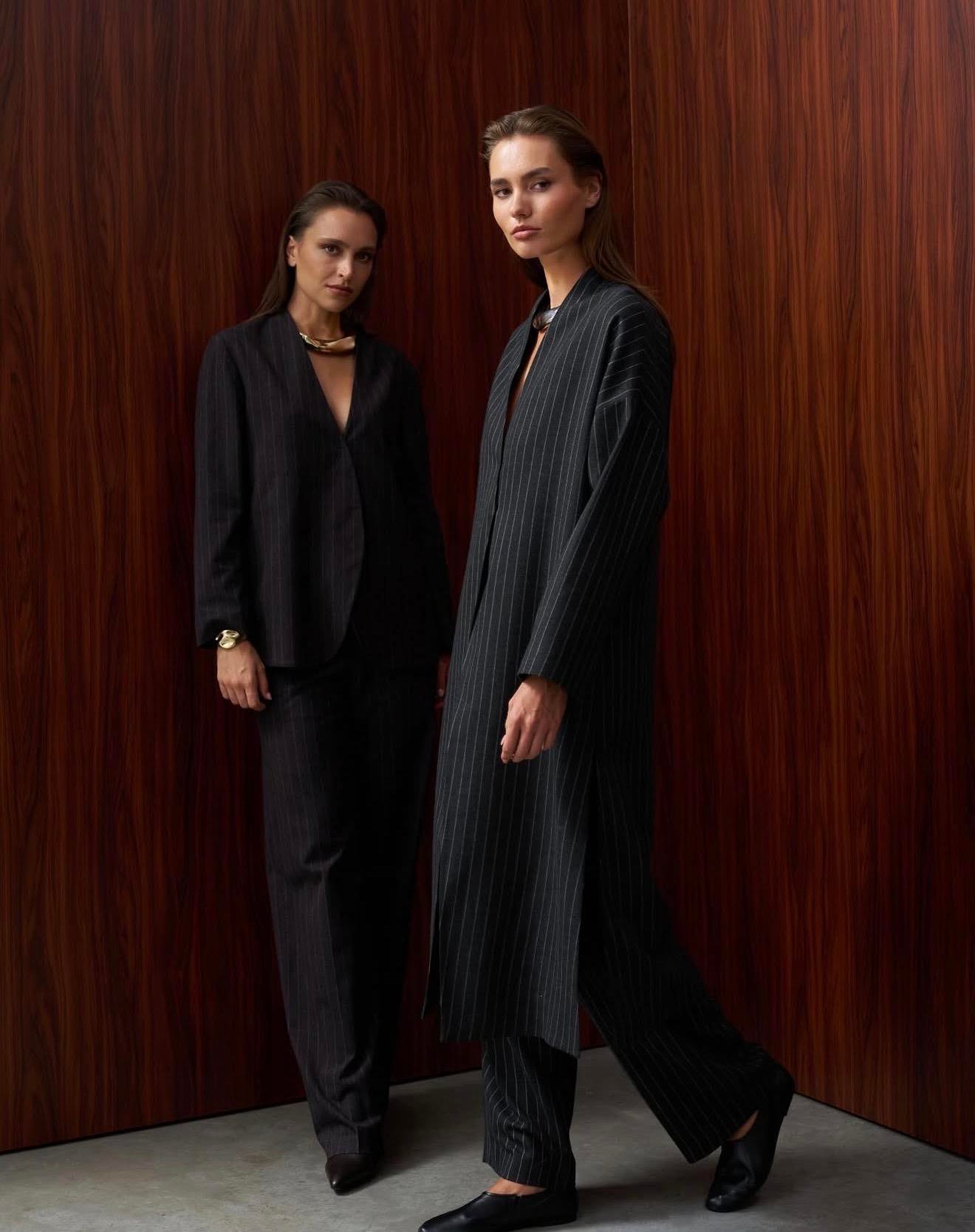 Antrasit Pinstripe Yünlü Uzun Kimono