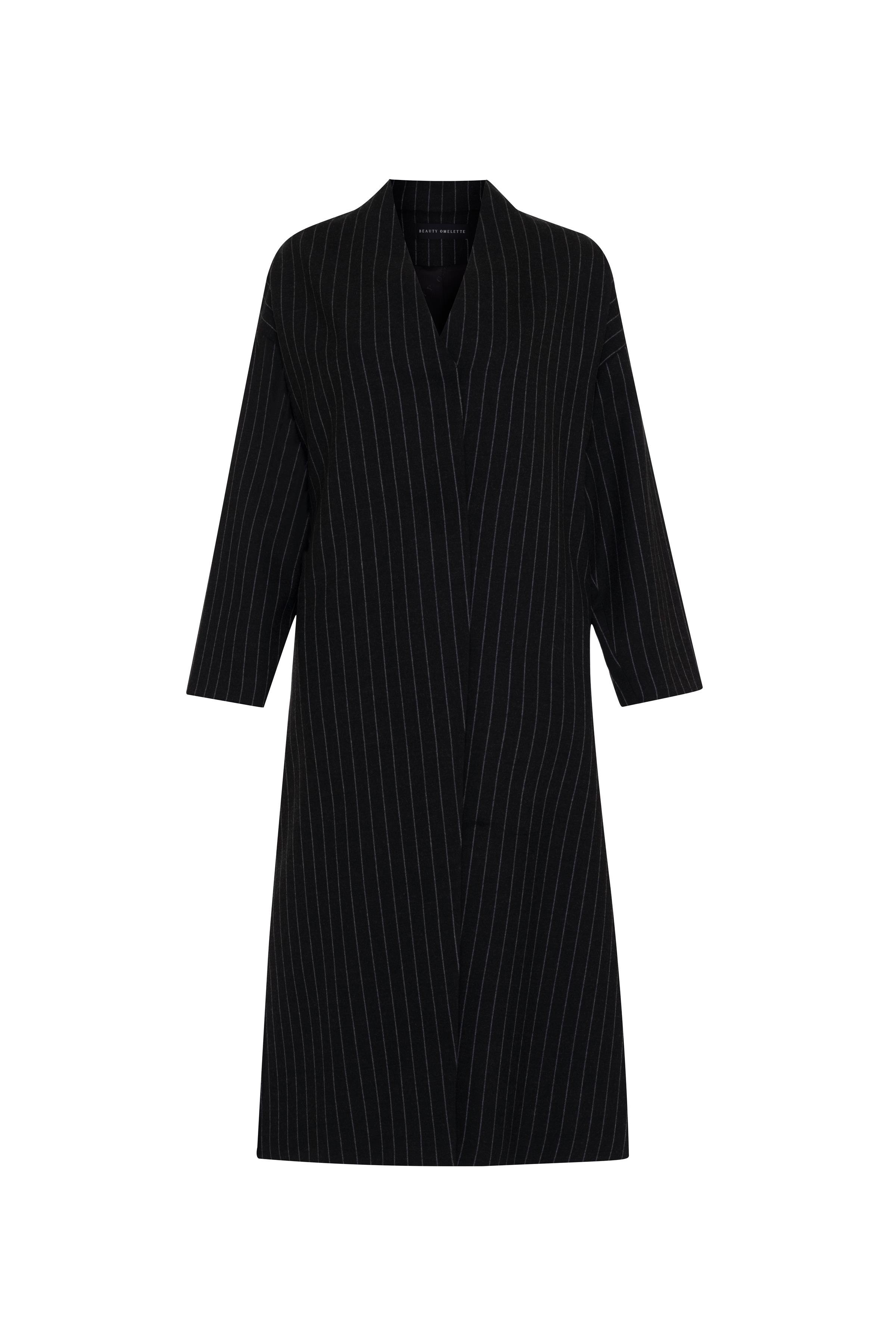 Antrasit Pinstripe Yünlü Uzun Kimono