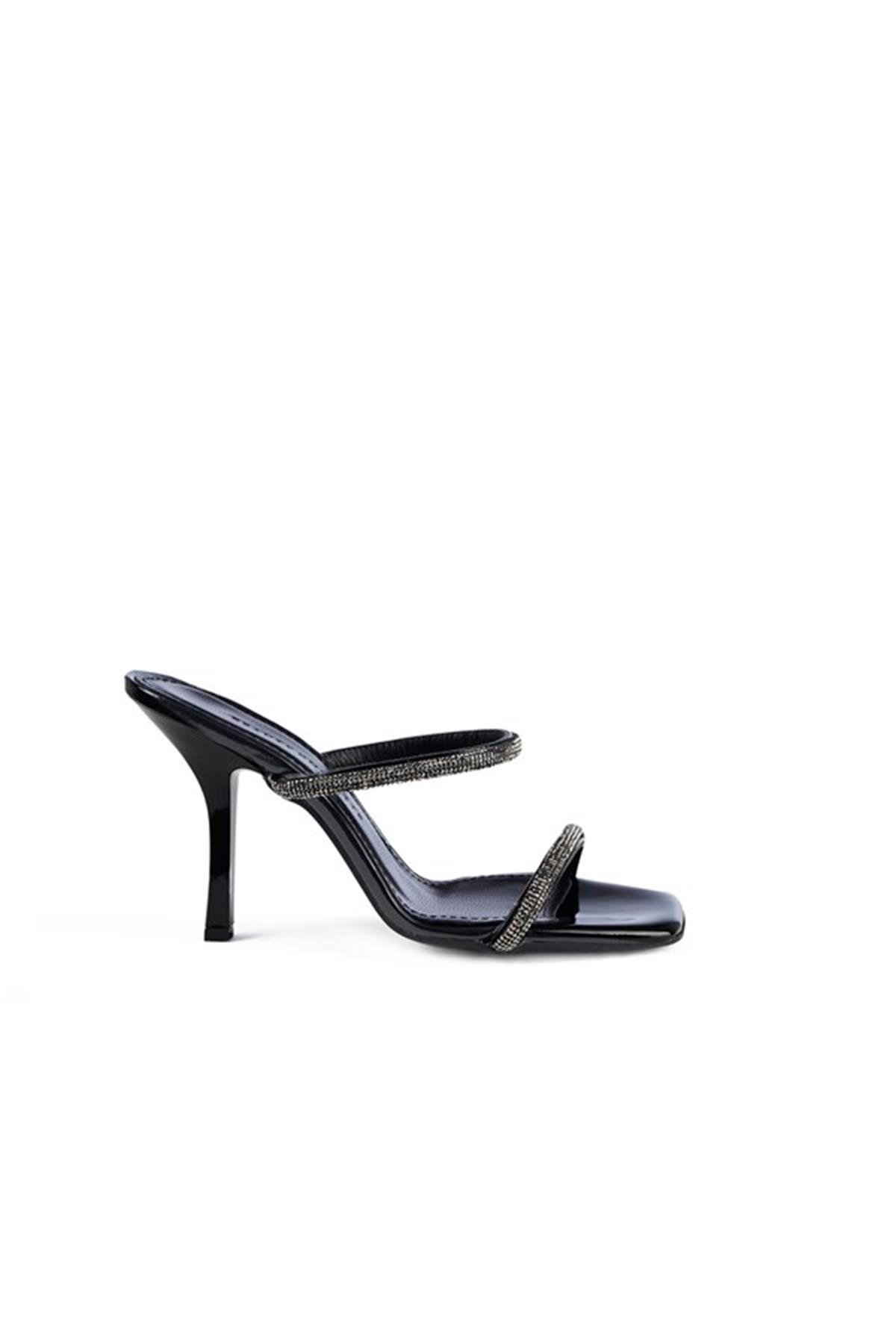 Antrasit Taşlı Çift Bantlı Topuklu Deri Terlik