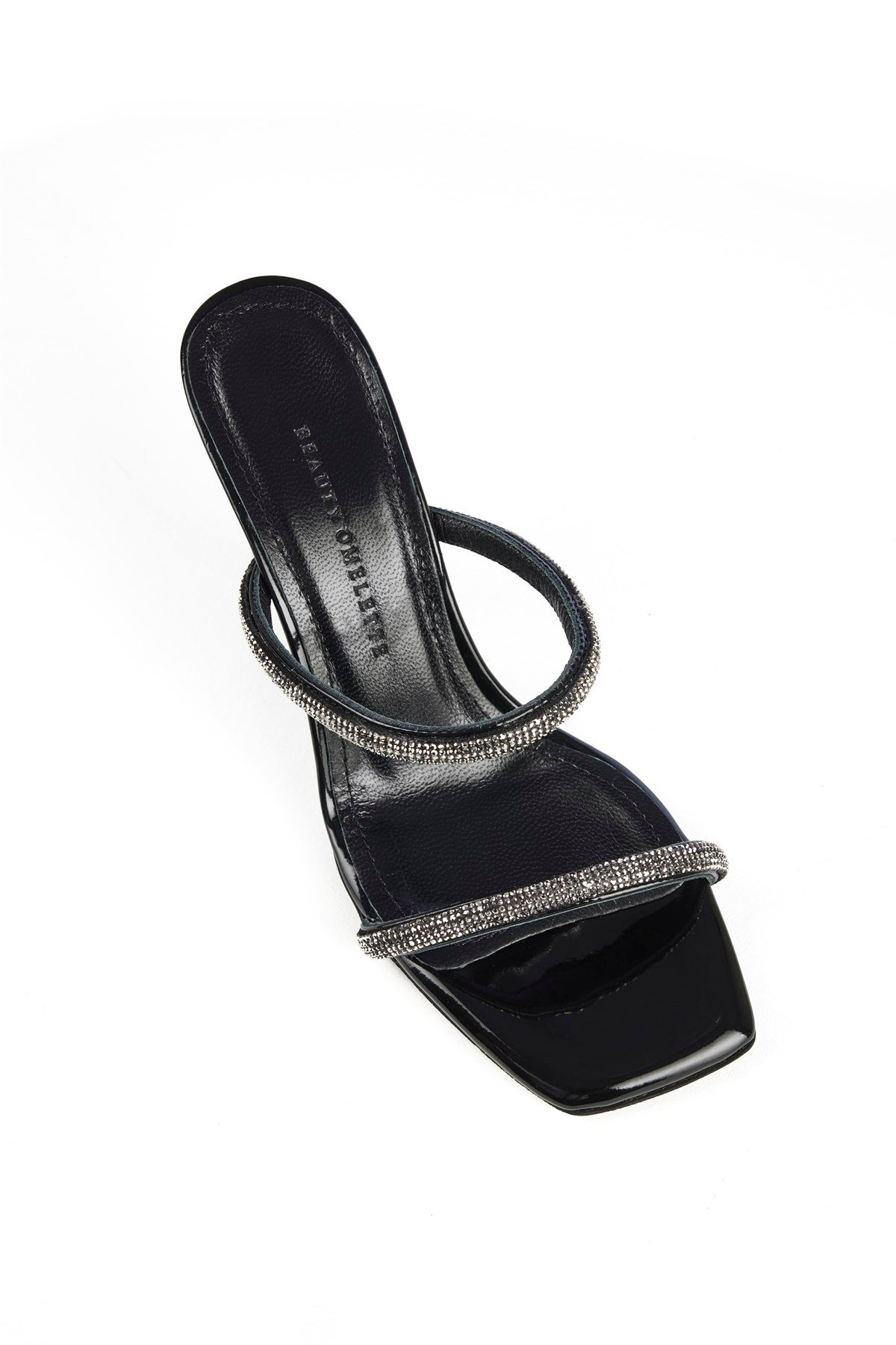 Antrasit Taşlı Çift  Bantlı Topuklu Deri Terlik