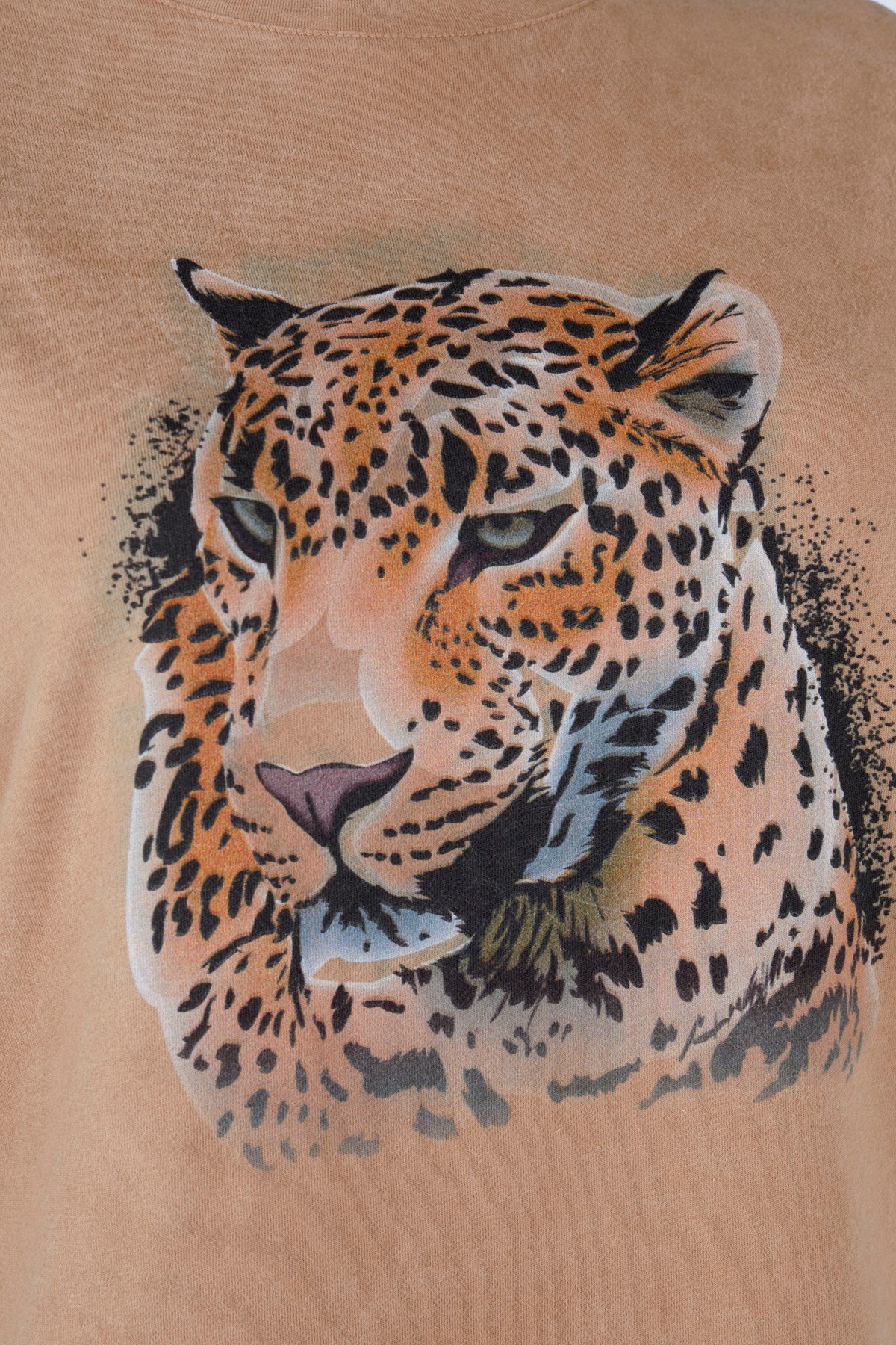Bej Leopar Baskılı Yıkamalı Tshirt