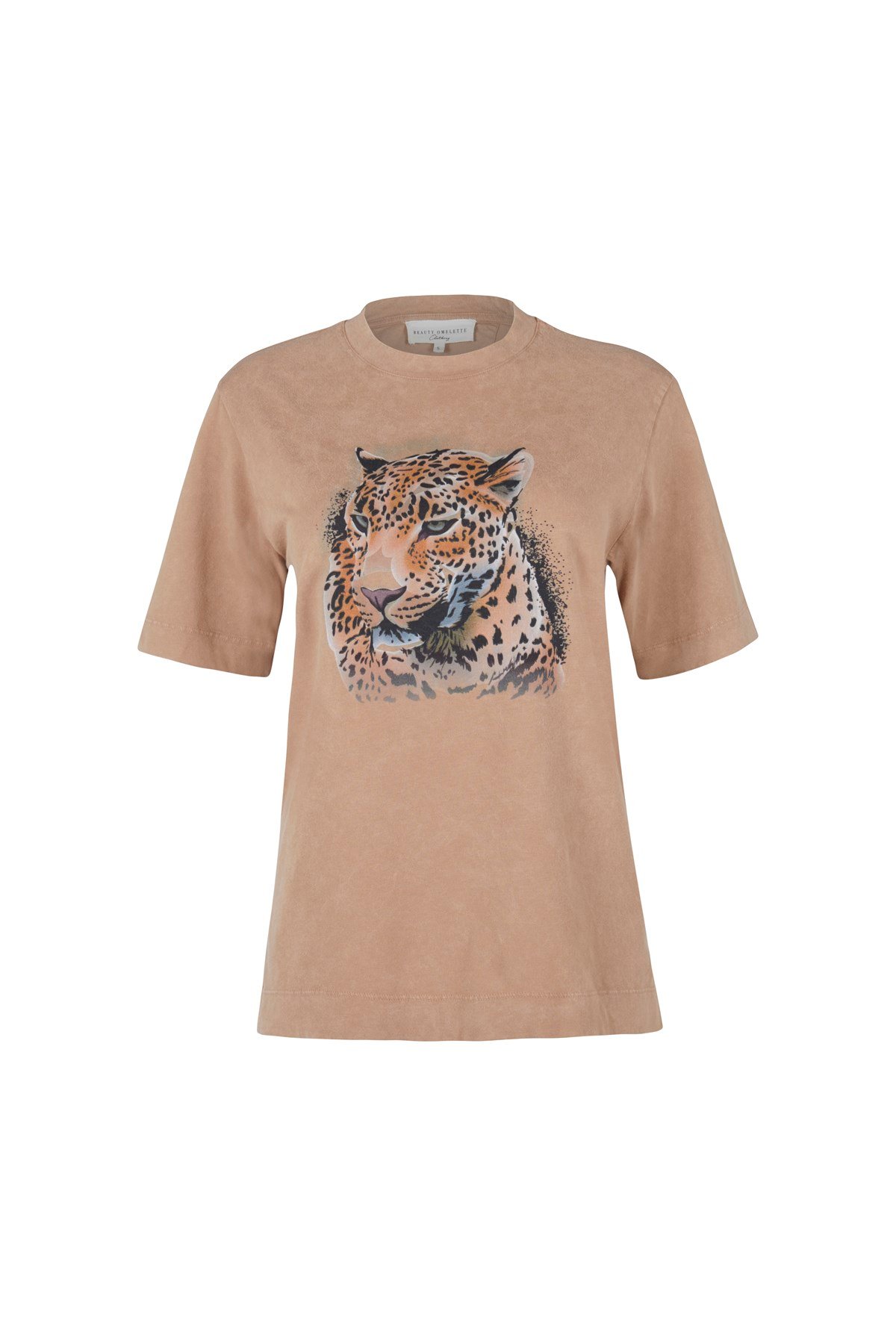 Bej Leopar Baskılı Yıkamalı Tshirt