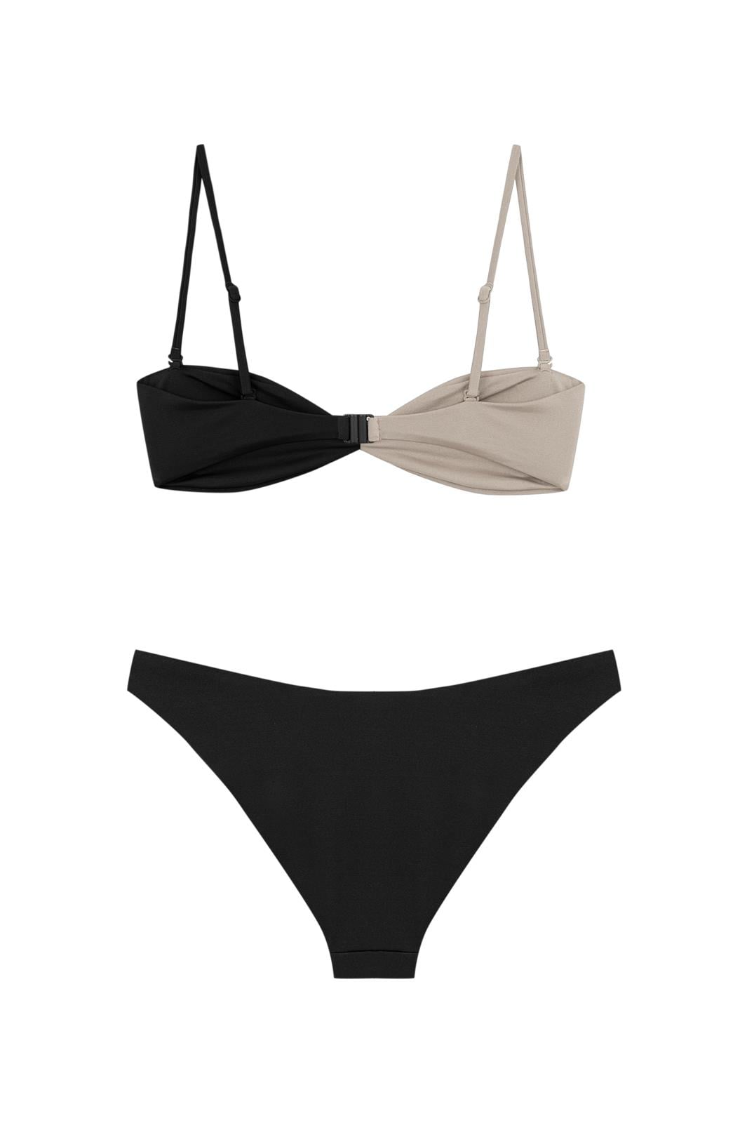 Bej/Siyah Kontrast Düğüm Detaylı Straplez Bikini
