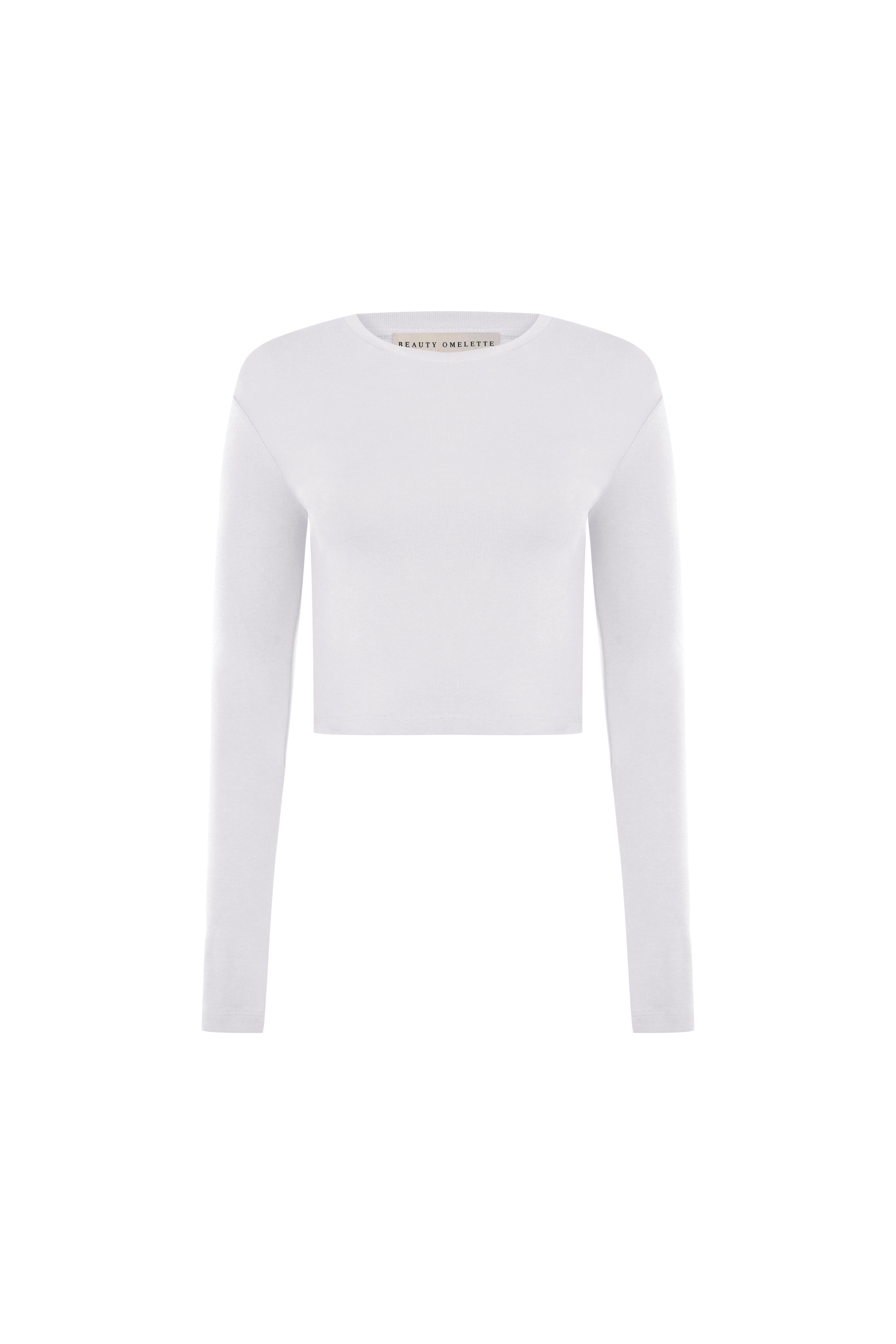 Beyaz Bisiklet Yaka Uzun Kol Crop Body