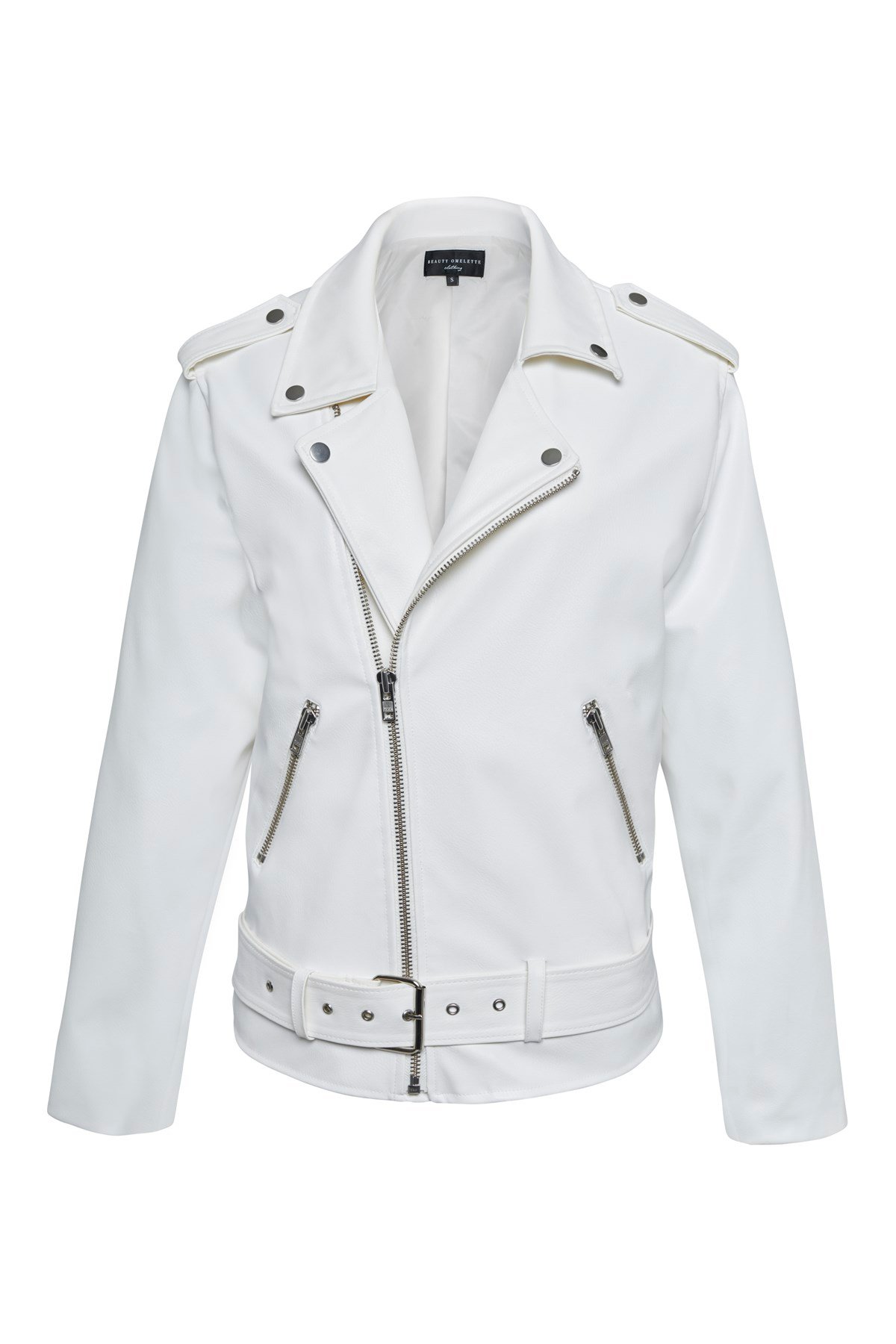 Beyaz Deri Görünümlü Biker Ceket