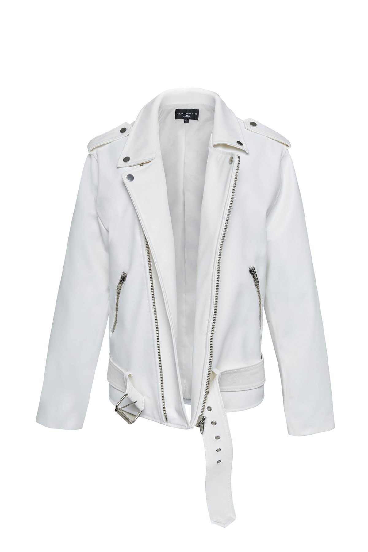 Beyaz Deri Görünümlü Biker Ceket
