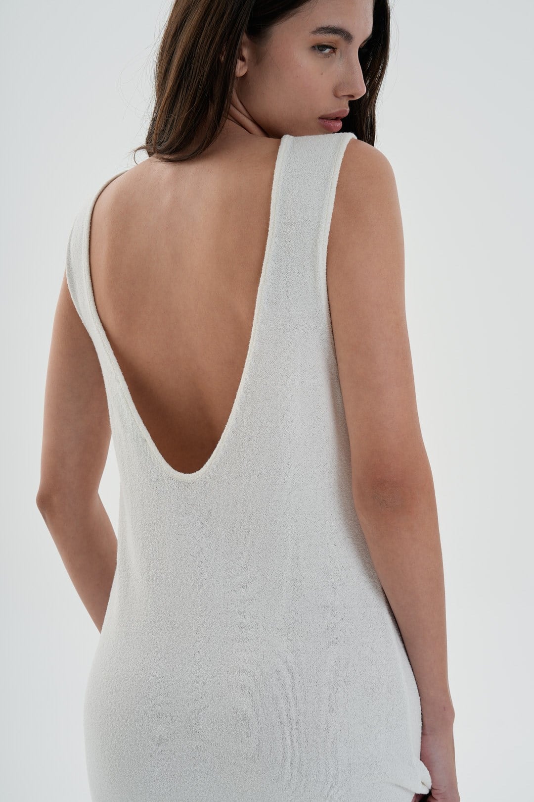 Beyaz Havlu Kayık Yaka Uzun Elbise