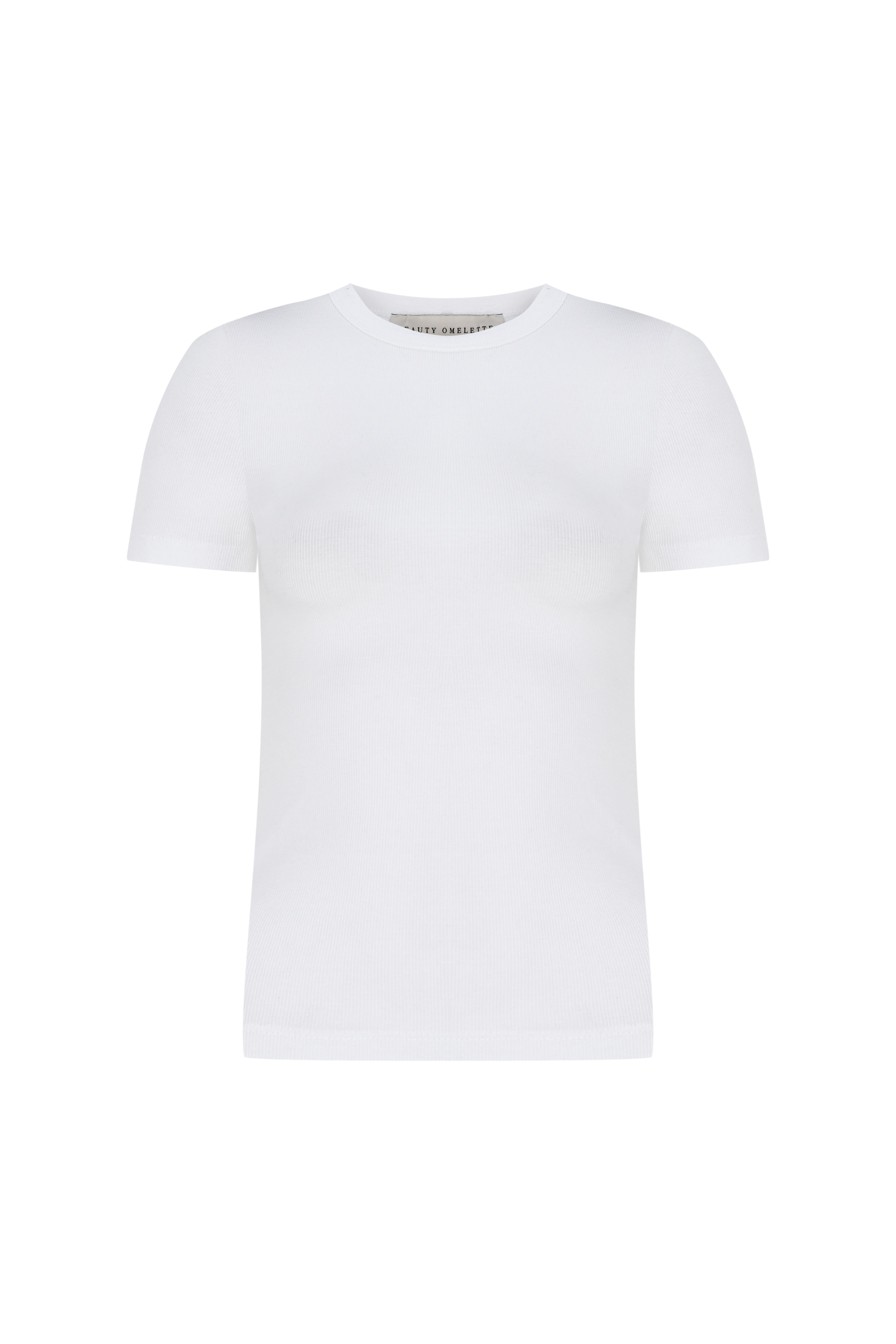 Beyaz Ribli Bisiklet Yaka Fitted Tshirt