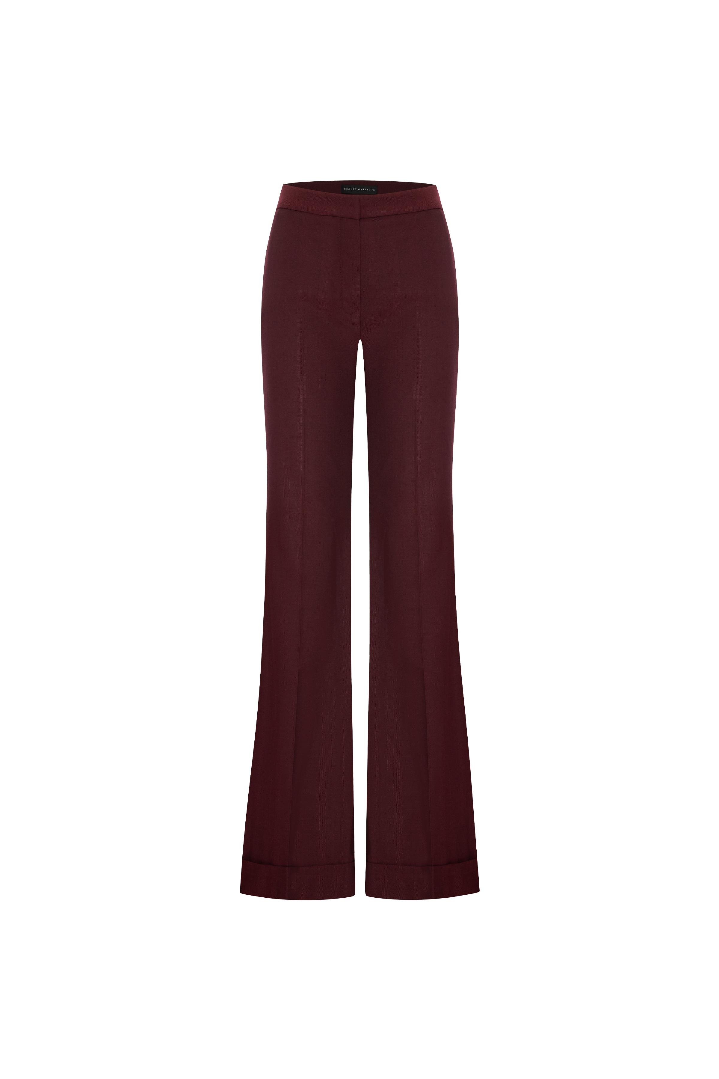 Bordo Balıksırtı Duble Paça Yünlü Flare Pantolon