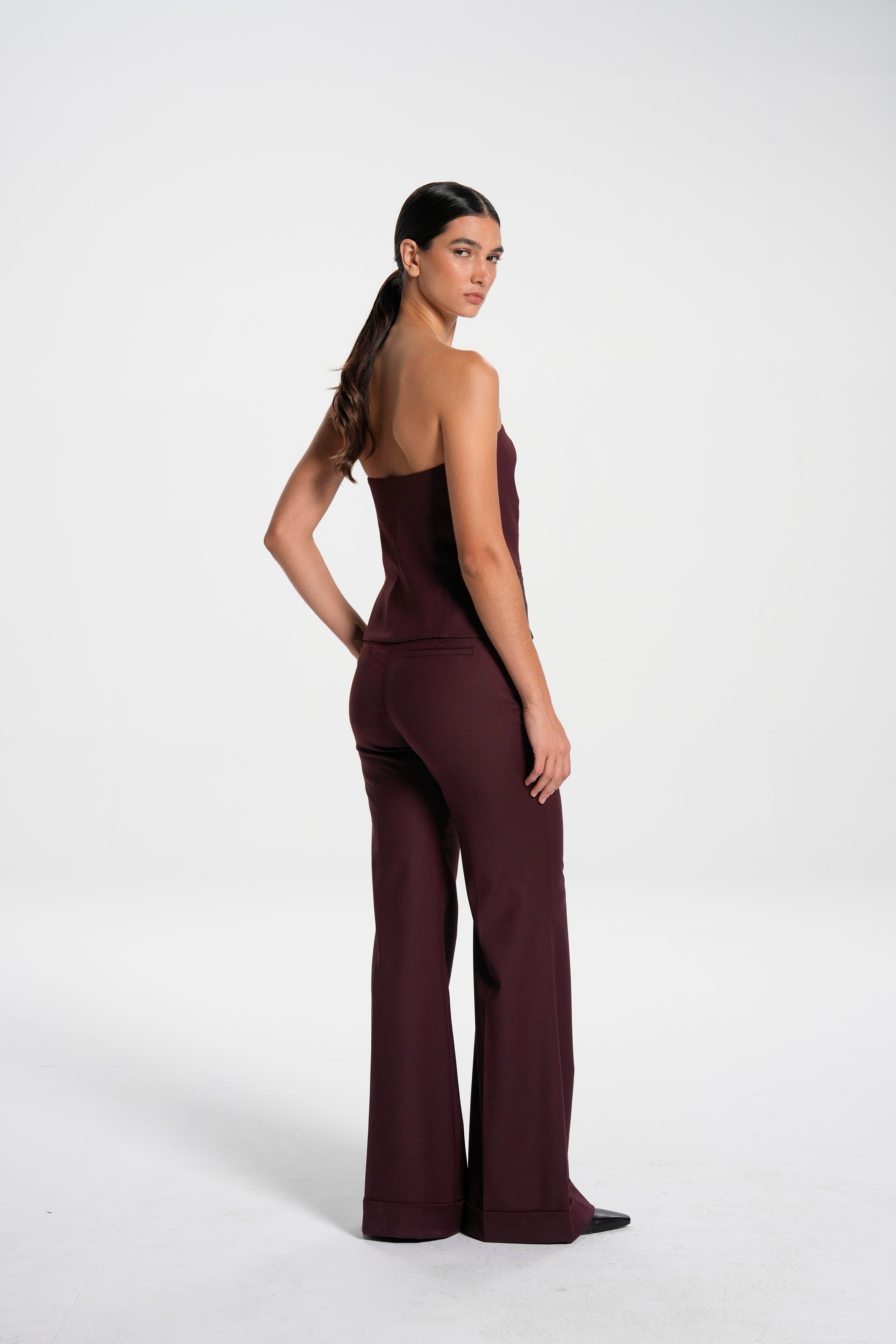 Bordo Balıksırtı Duble Paça Yünlü Flare Pantolon