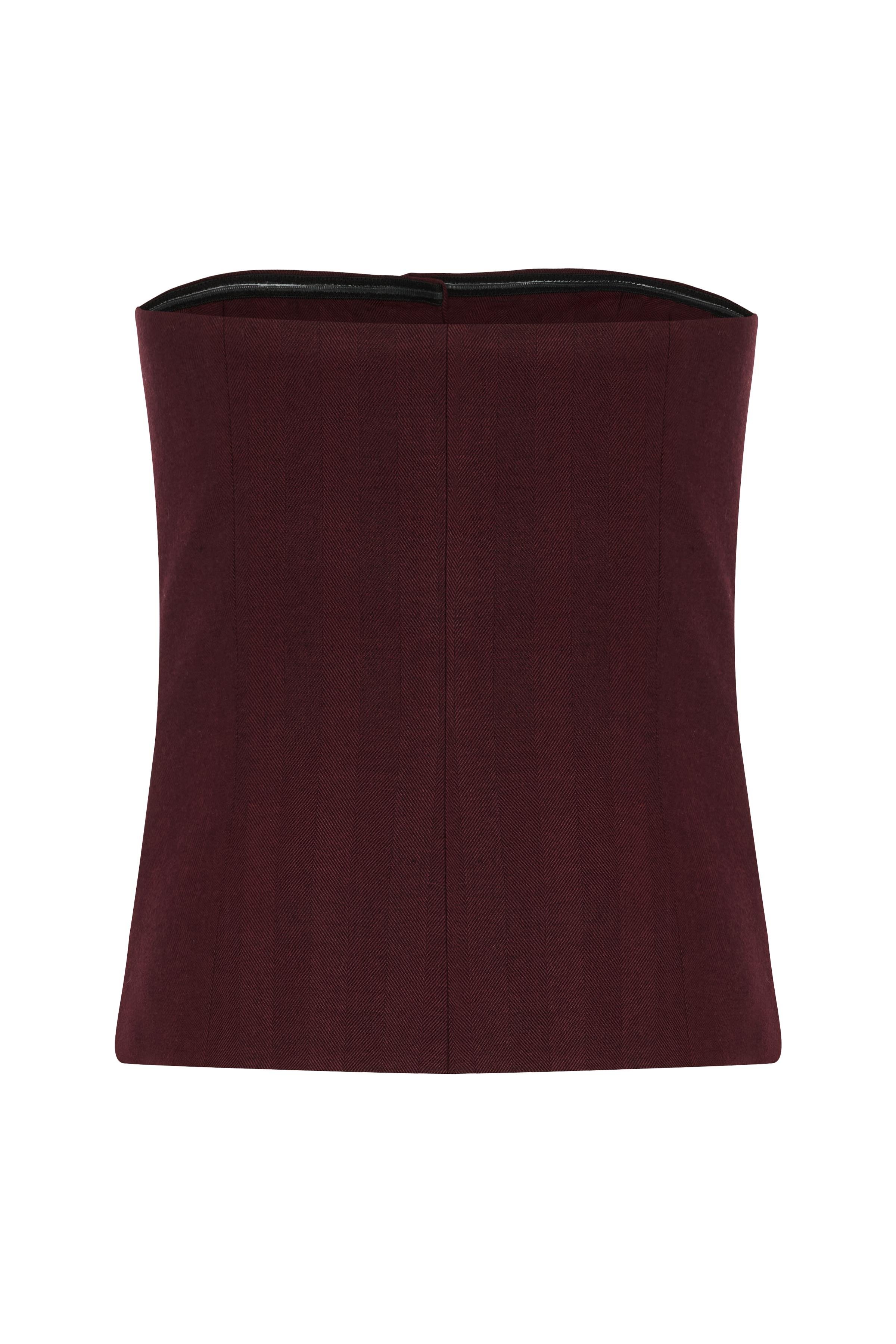 Bordo Balıksırtı Düğmeli Straplez Yünlü Bluz