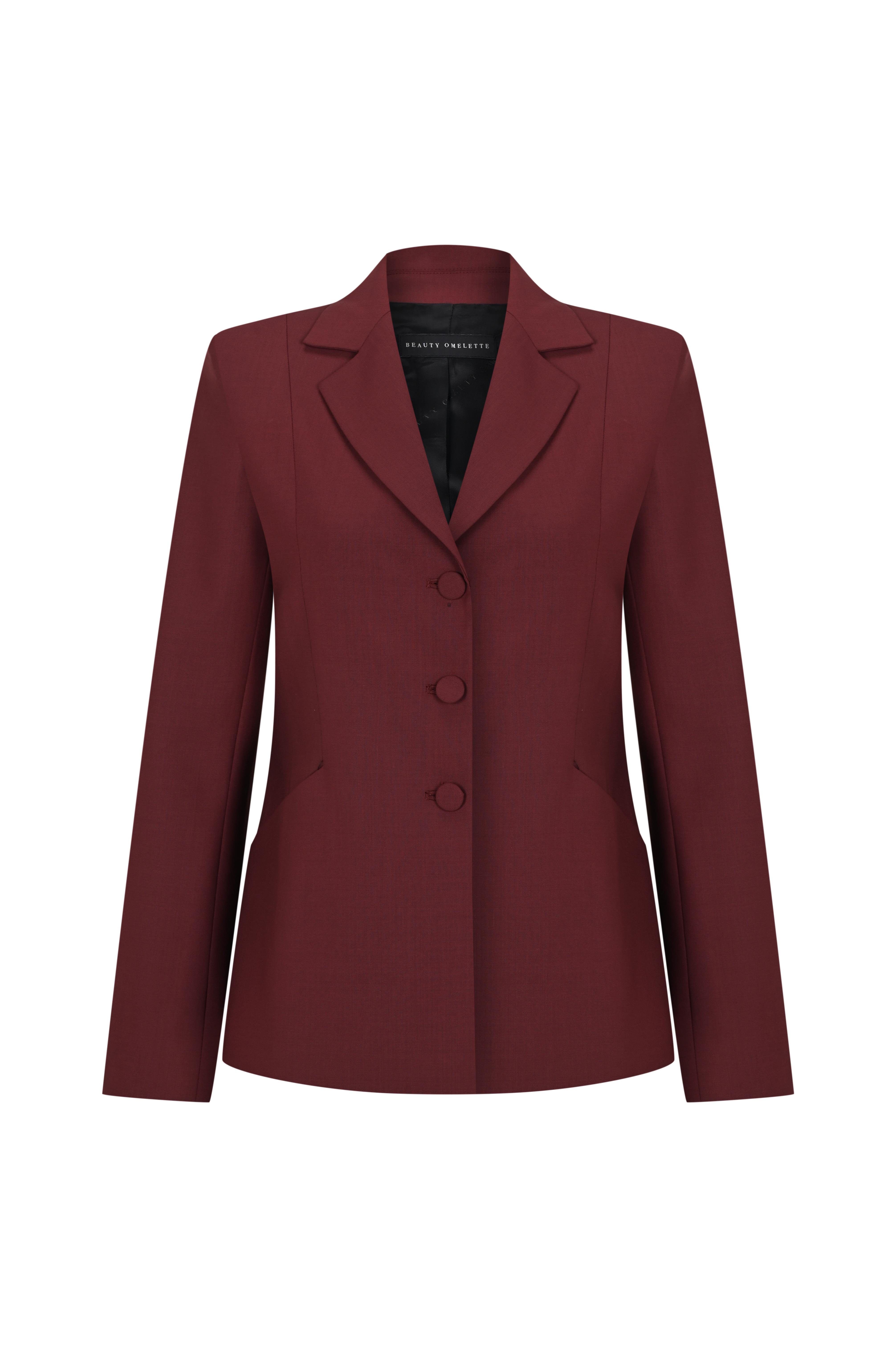 Bordo Bele Oturan Kısa Yün Ceket