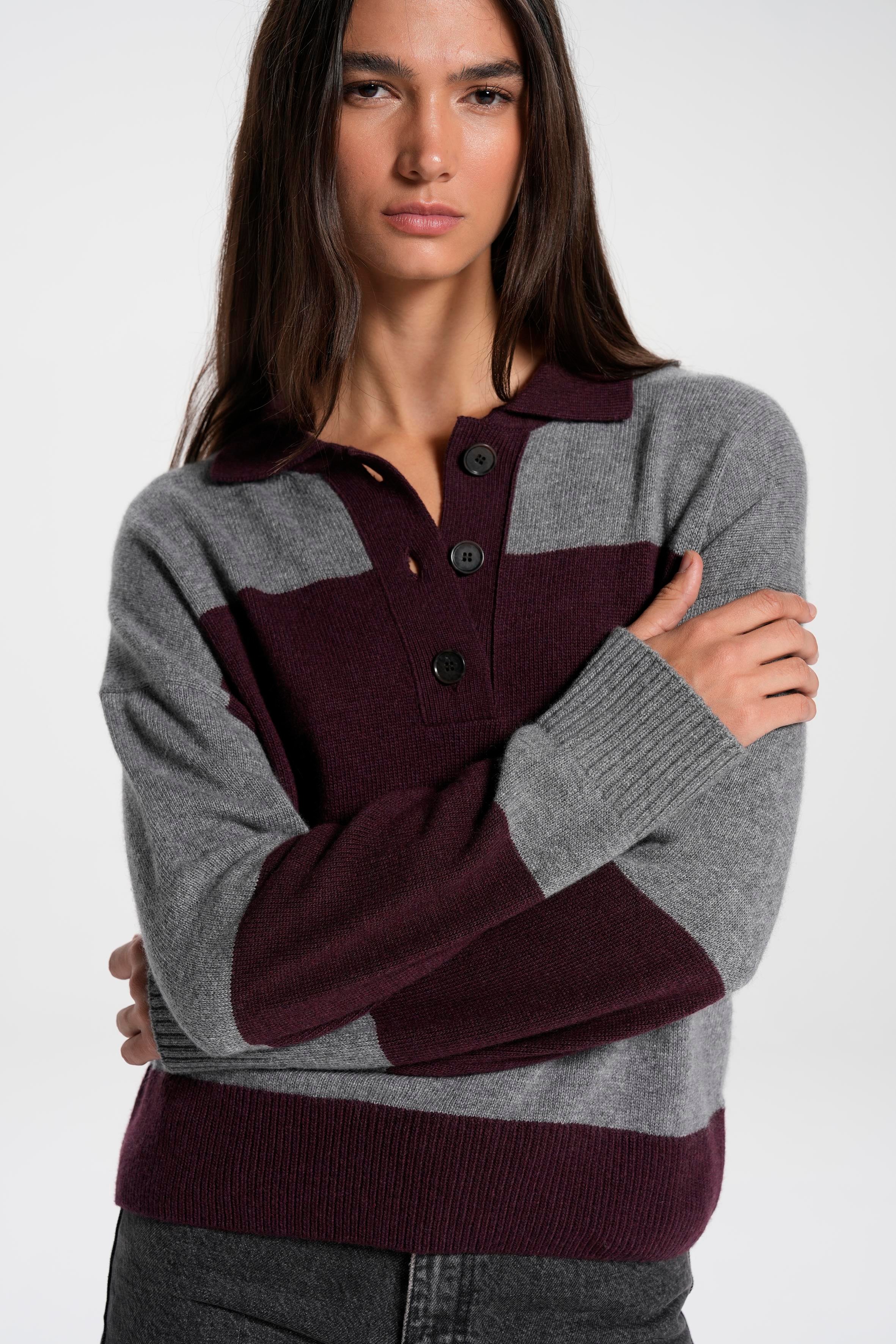 Bordo Çizgili Polo Yaka Kazak