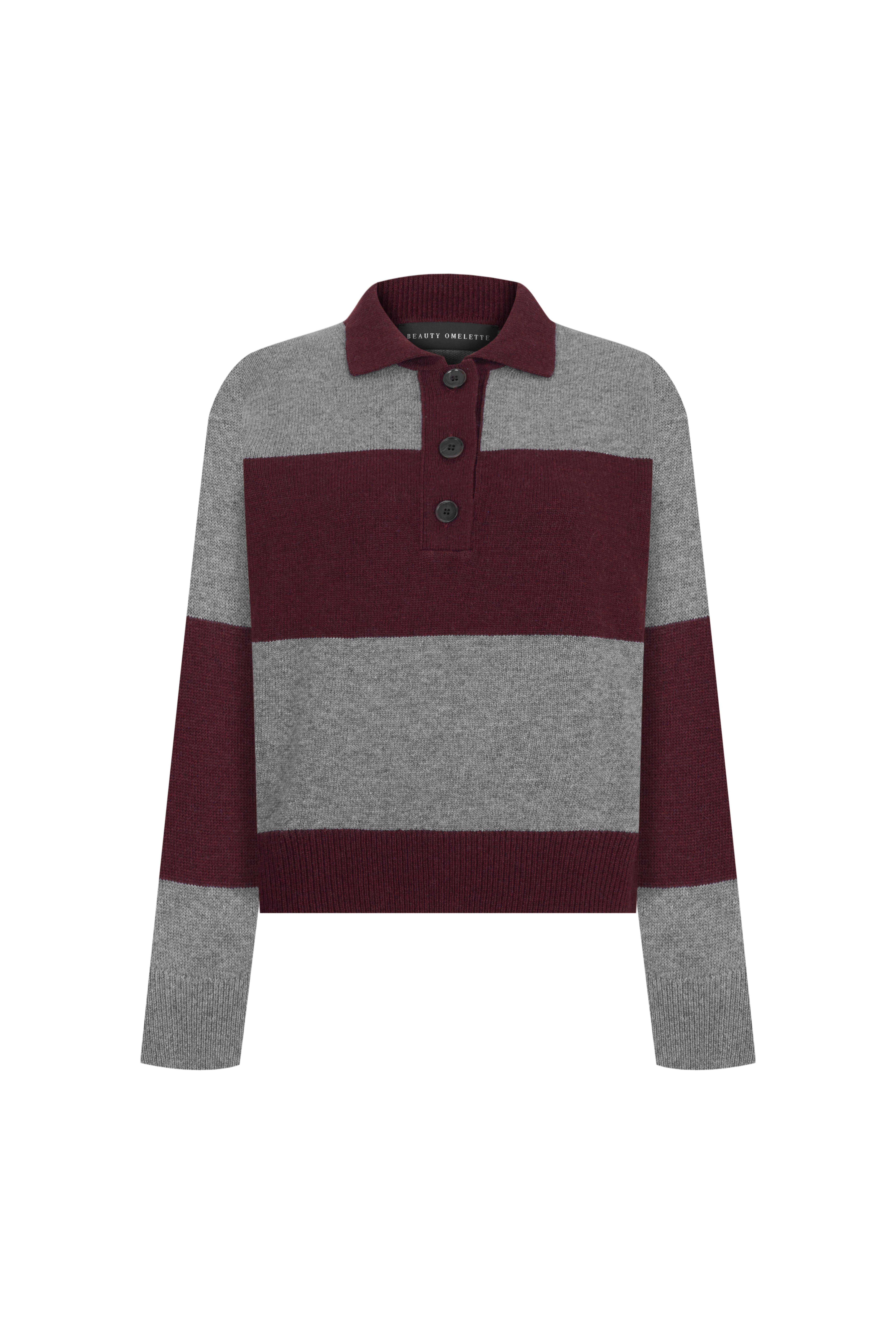 Bordo Çizgili Polo Yaka Kazak