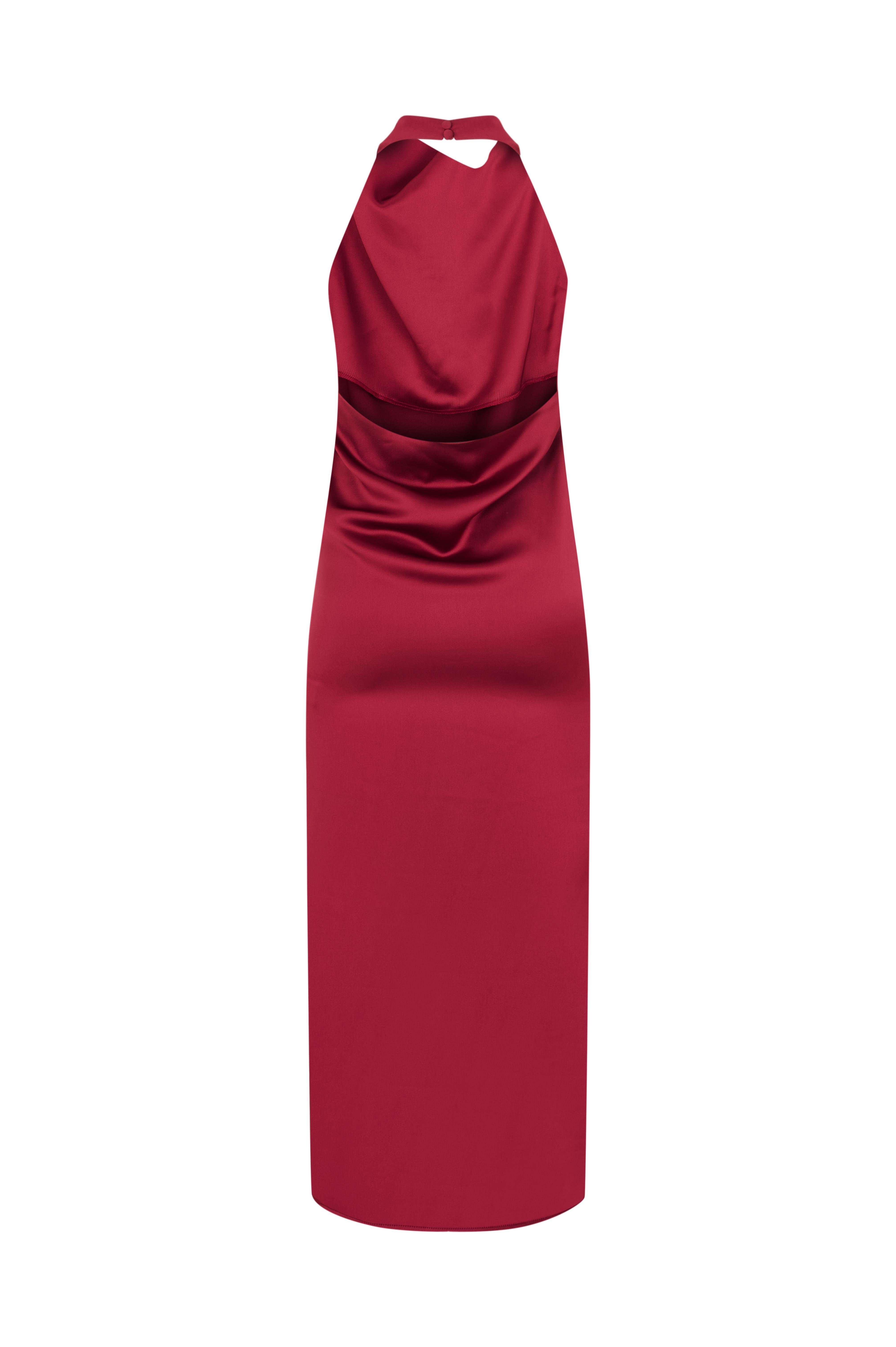 Bordo Degaje Yaka Saten Uzun Elbise