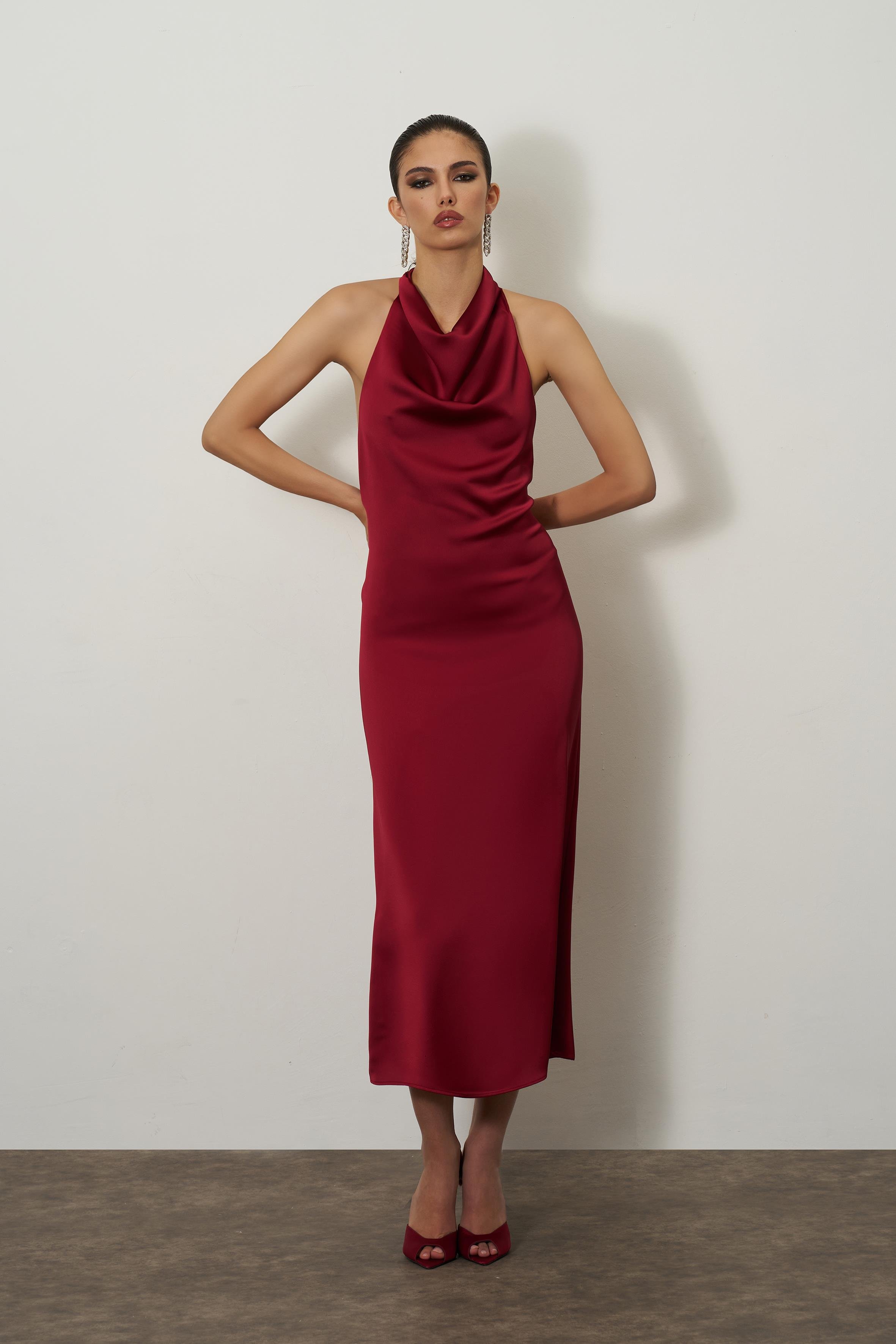 Bordo Degaje Yaka Saten Uzun Elbise