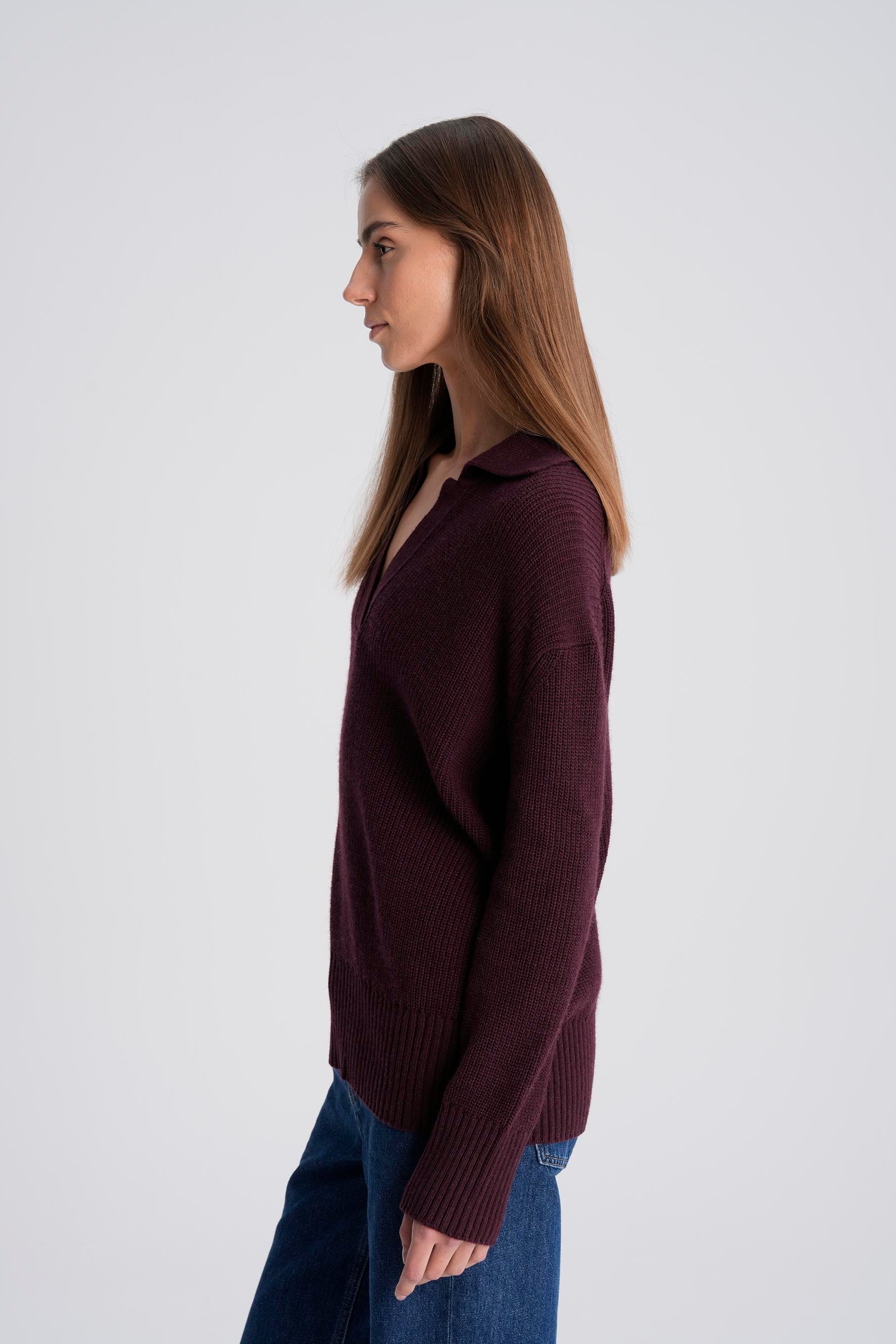 Bordo Polo Yaka Ribli Yün Kazak