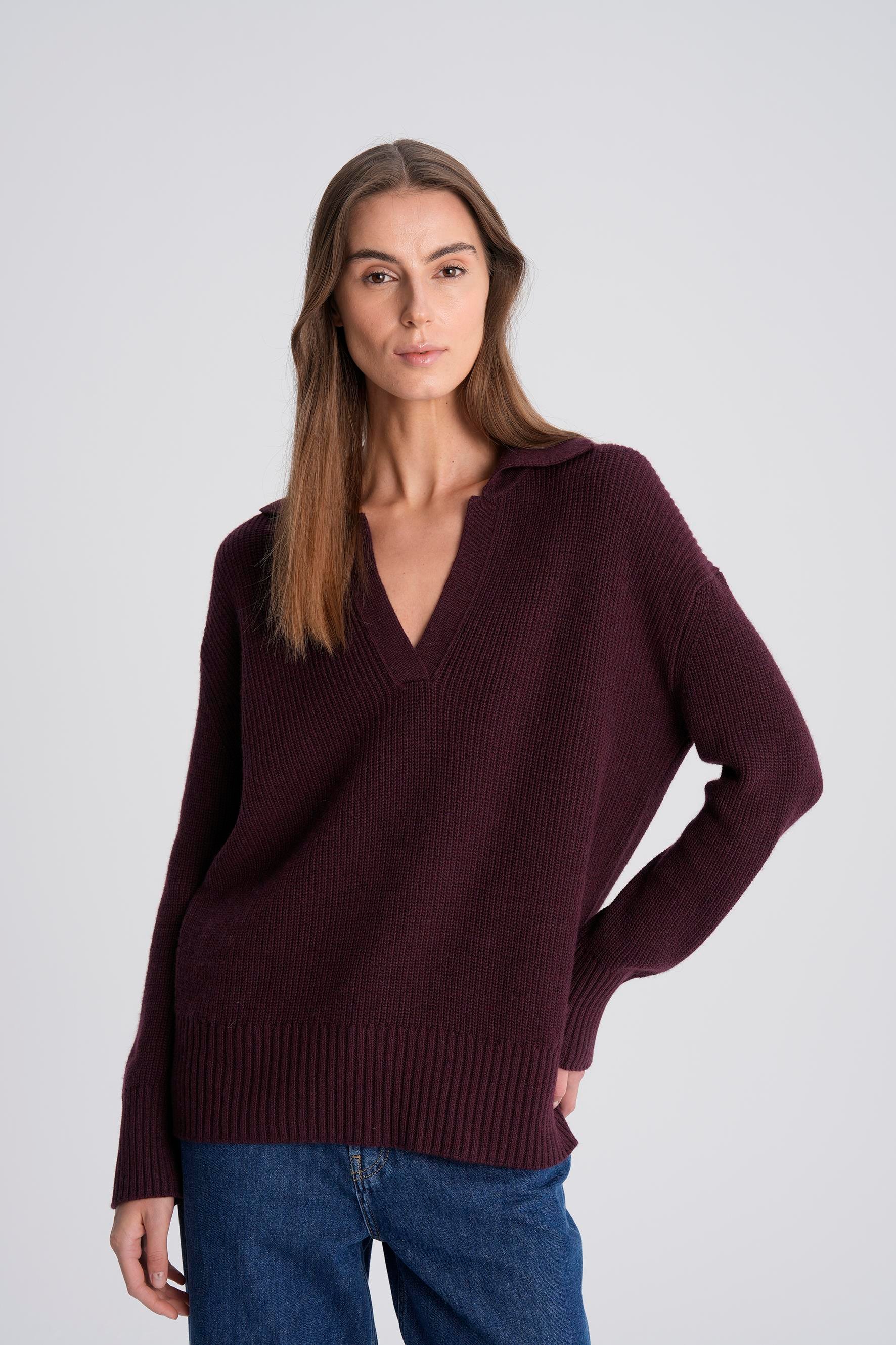 Bordo Polo Yaka Ribli Yün Kazak