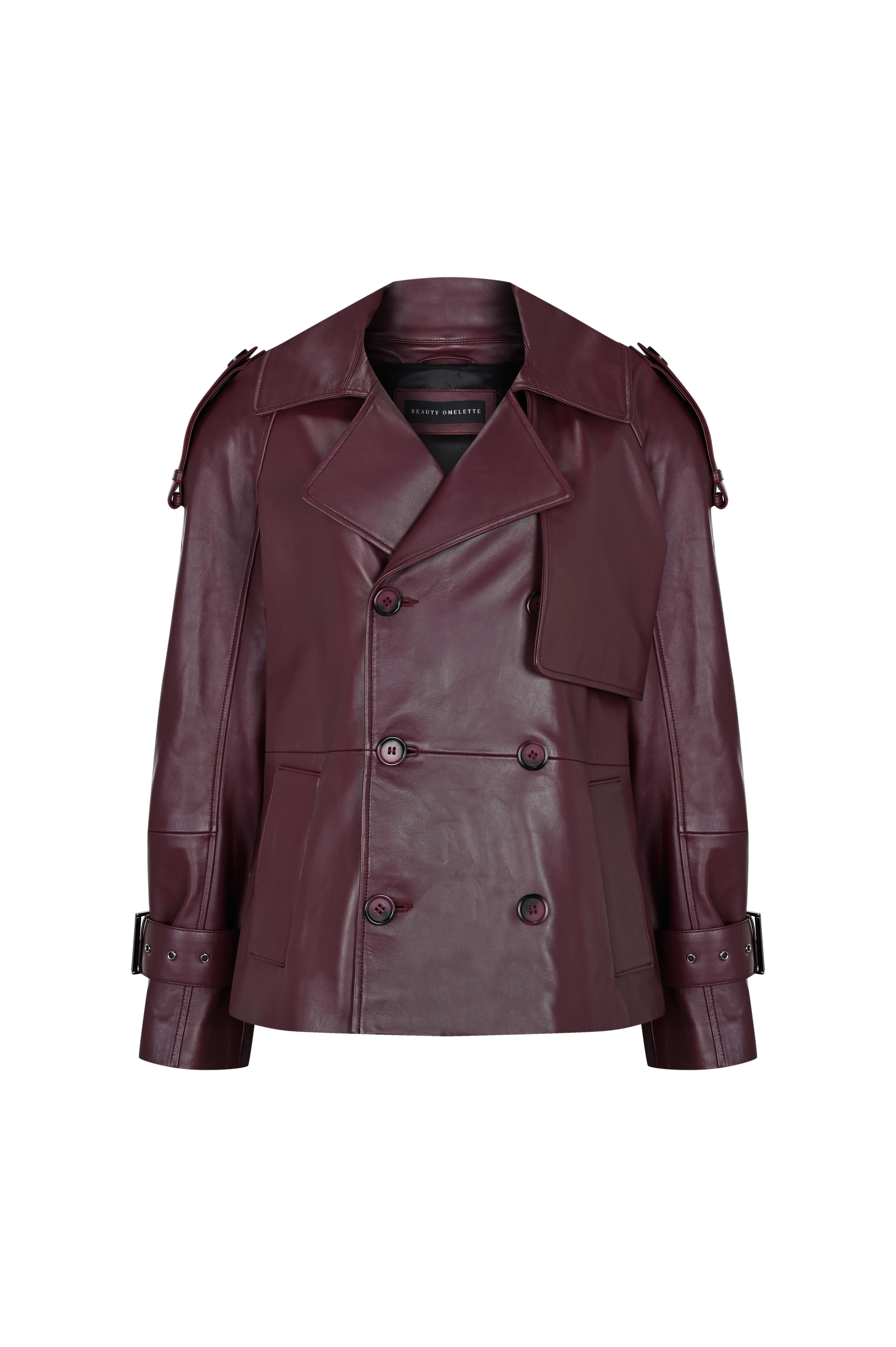 Bordo Vatkalı Oversize Deri Kısa Trenchcoat