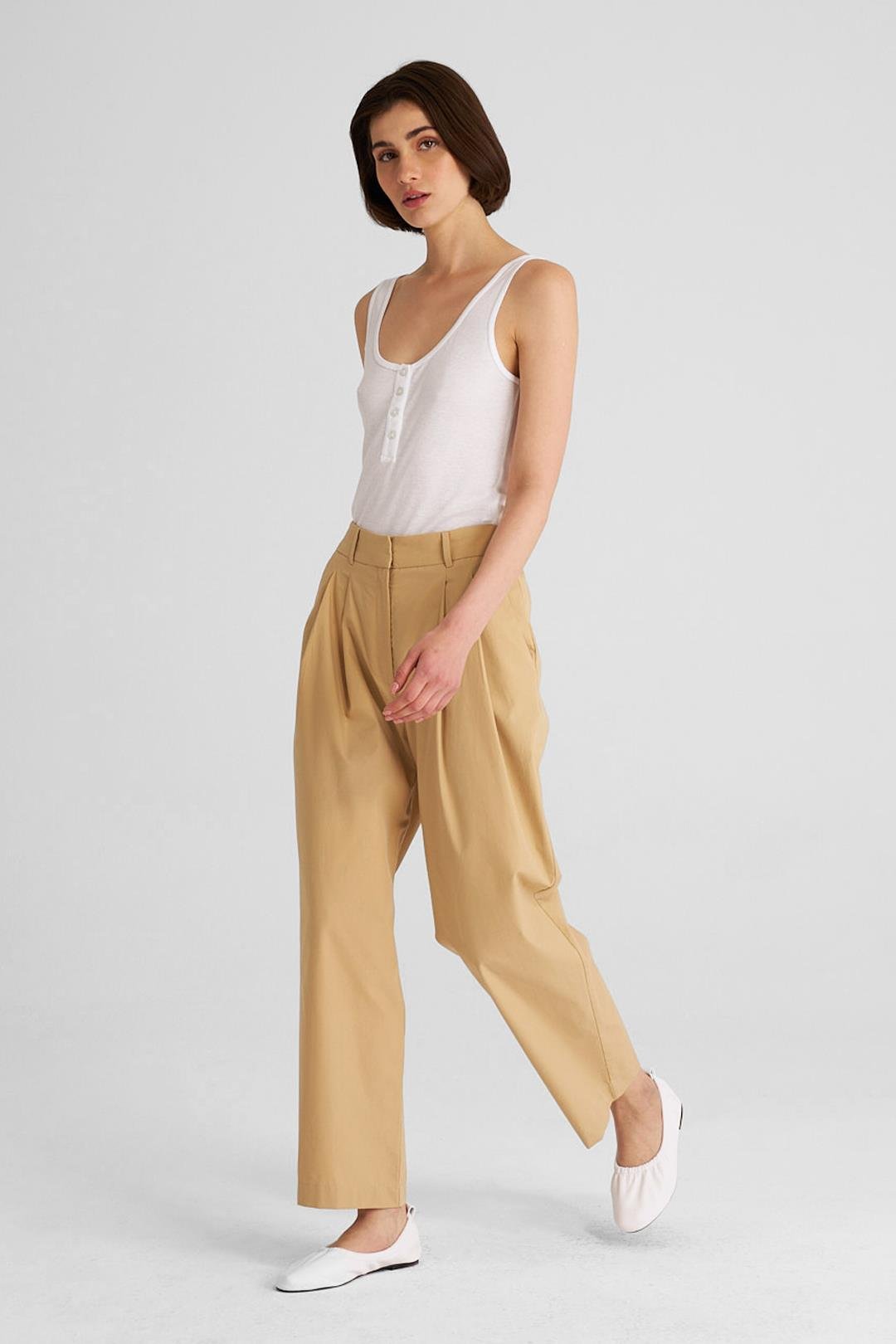 Camel Çift Pilili Koton Pantolon