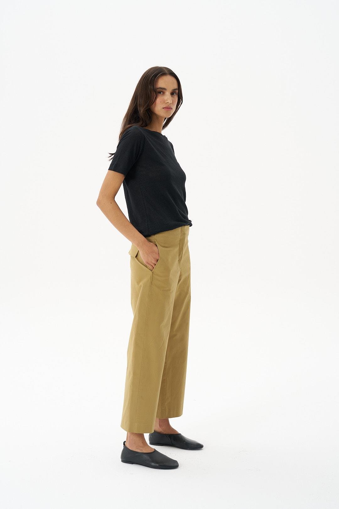 Camel Gabardin Kavisli Cropped Pantolon