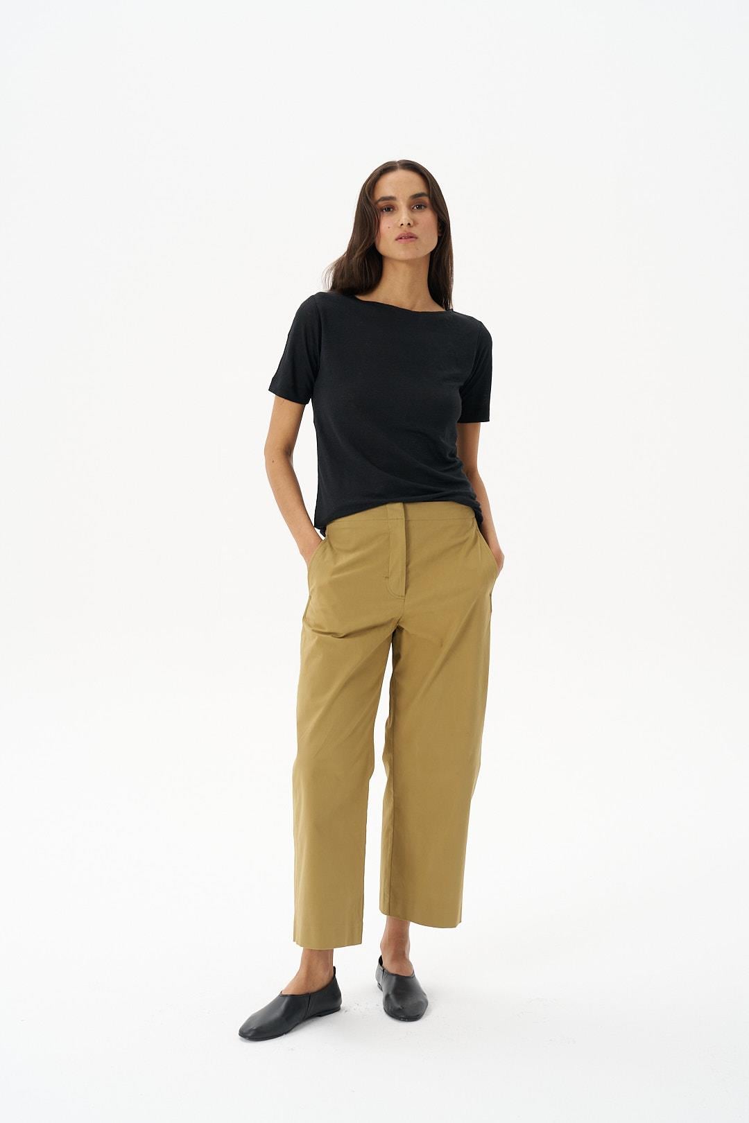 Camel Gabardin Kavisli Cropped Pantolon