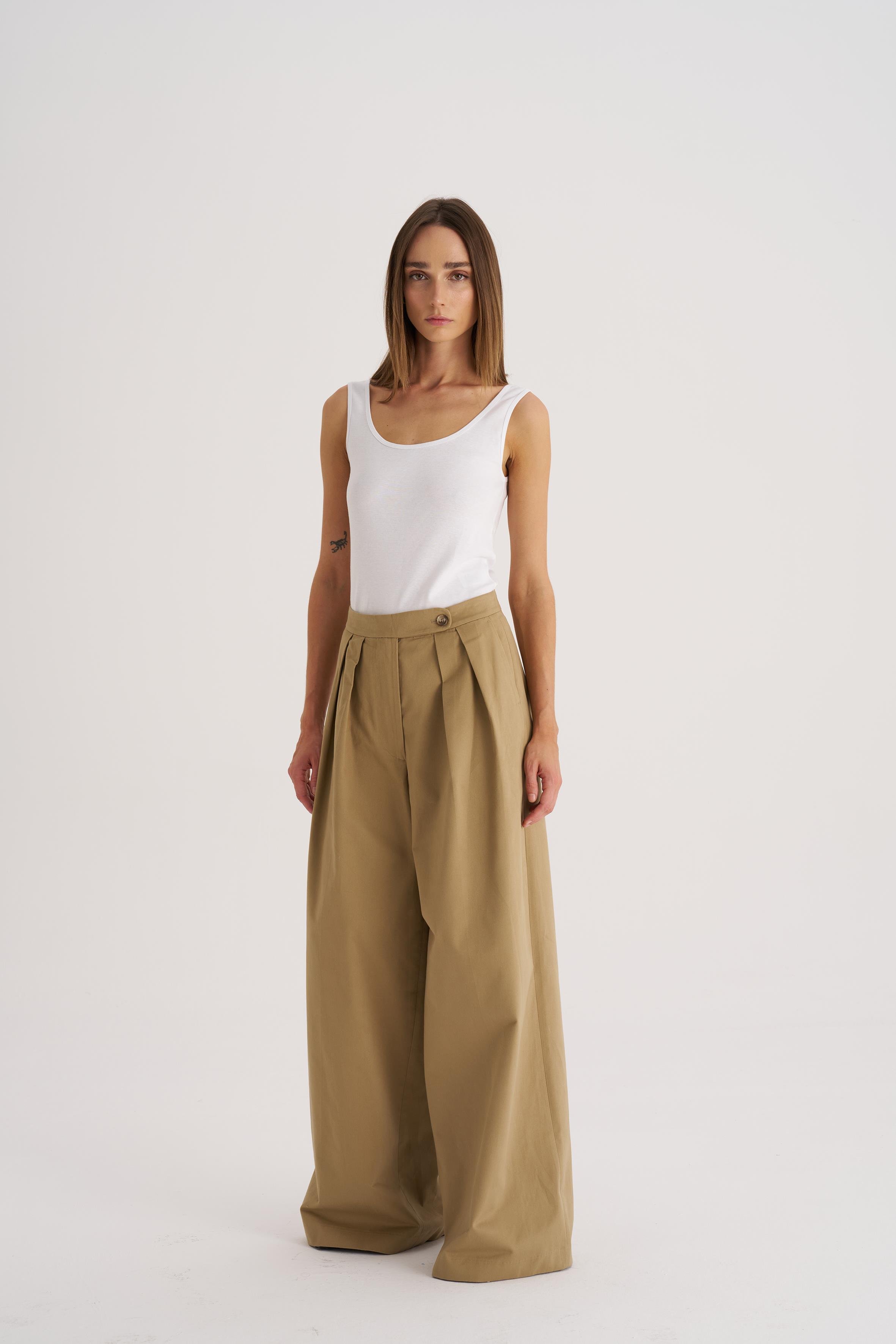 Camel Gabardin Palazzo Pantolon