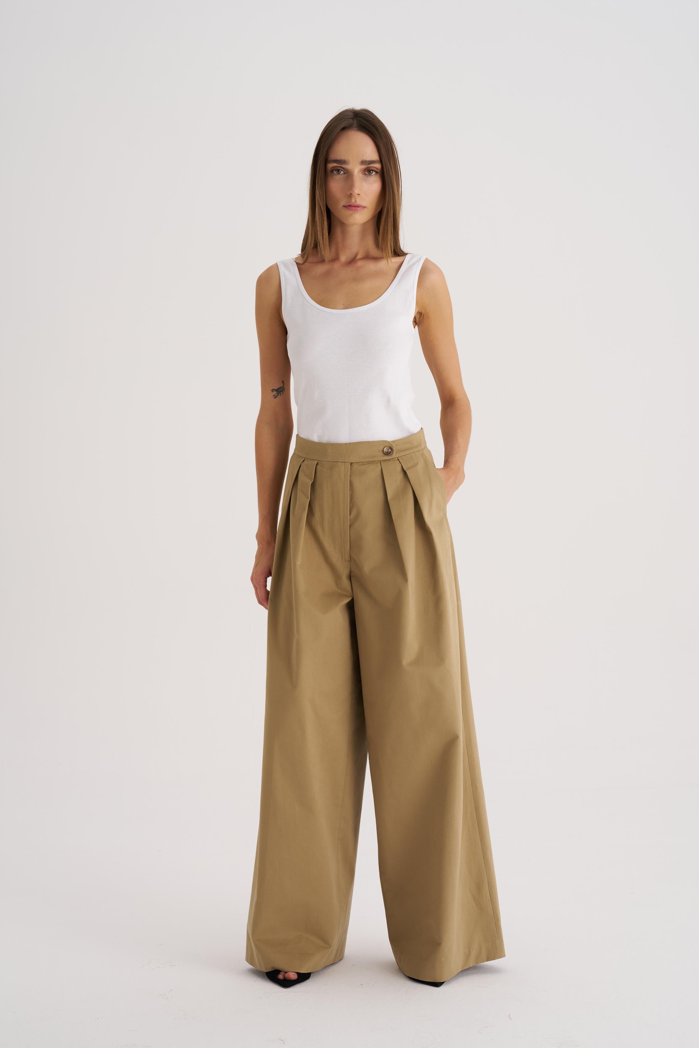 Camel Gabardin Palazzo Pantolon