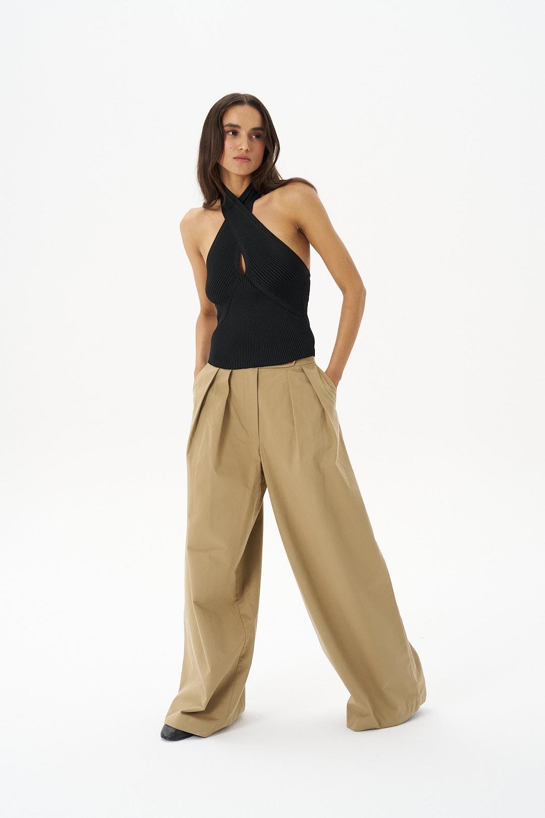 Camel Gabardin Palazzo Pantolon