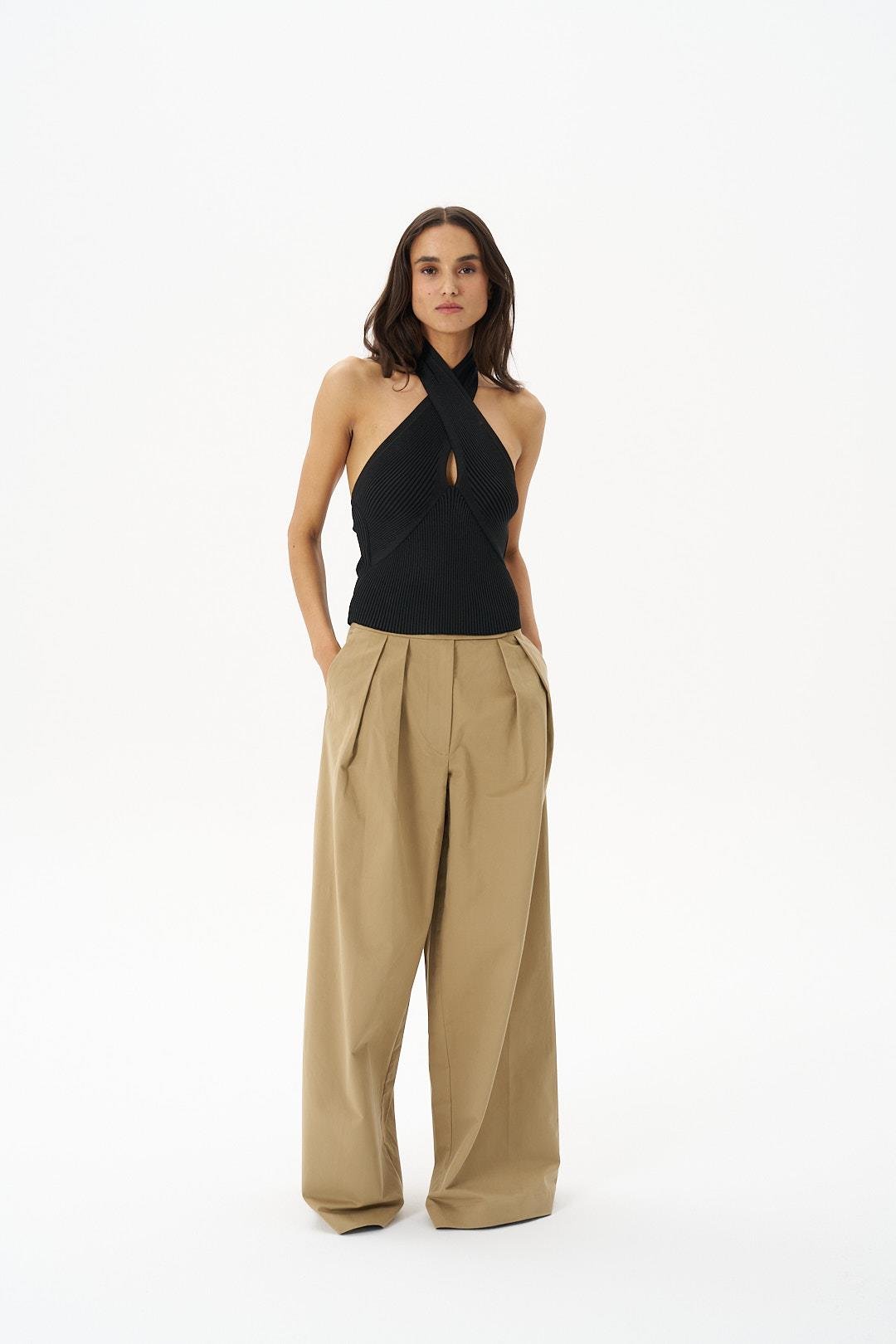 Camel Gabardin Palazzo Pantolon