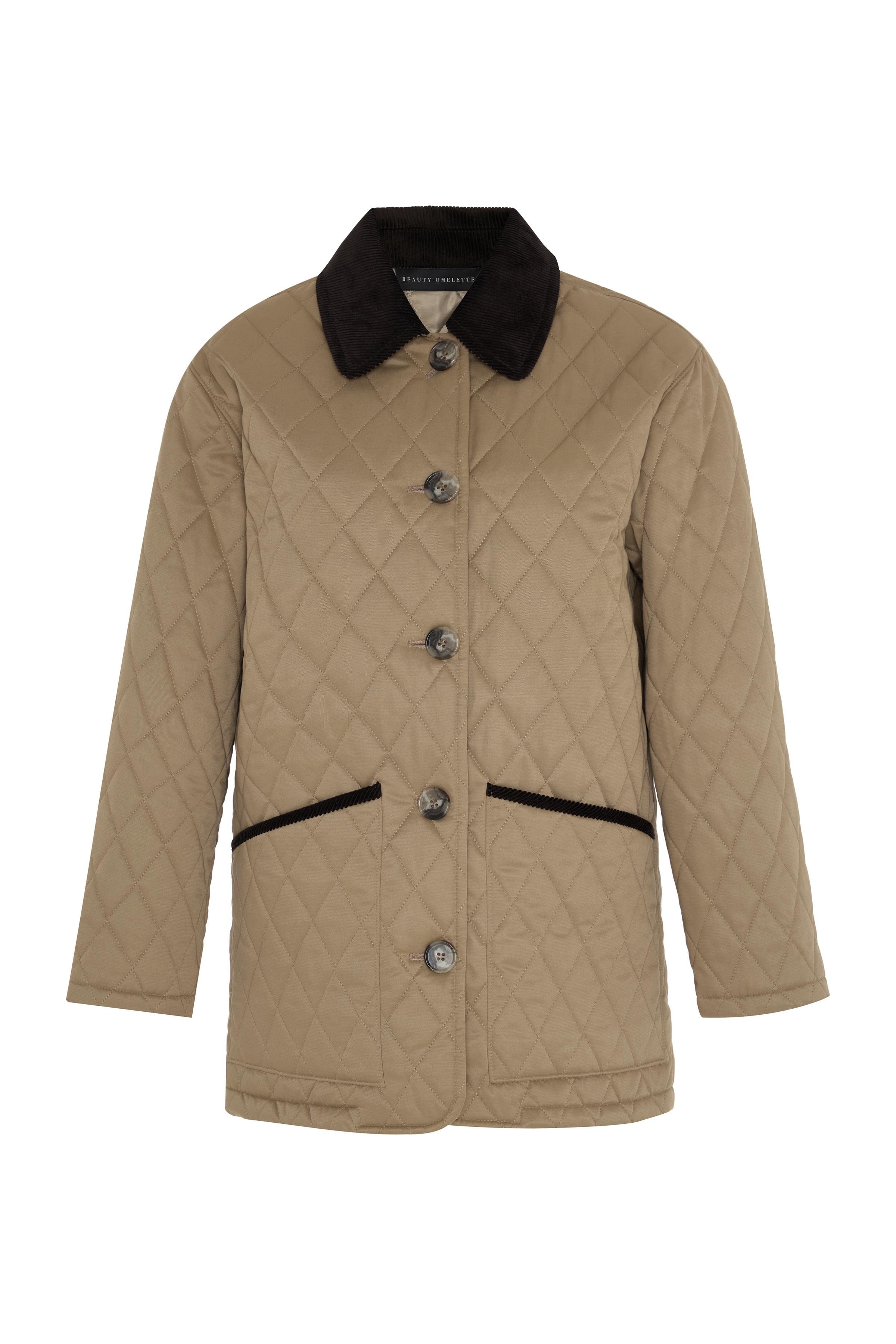 Camel Kadife Yaka Detaylı Kapitone Ceket