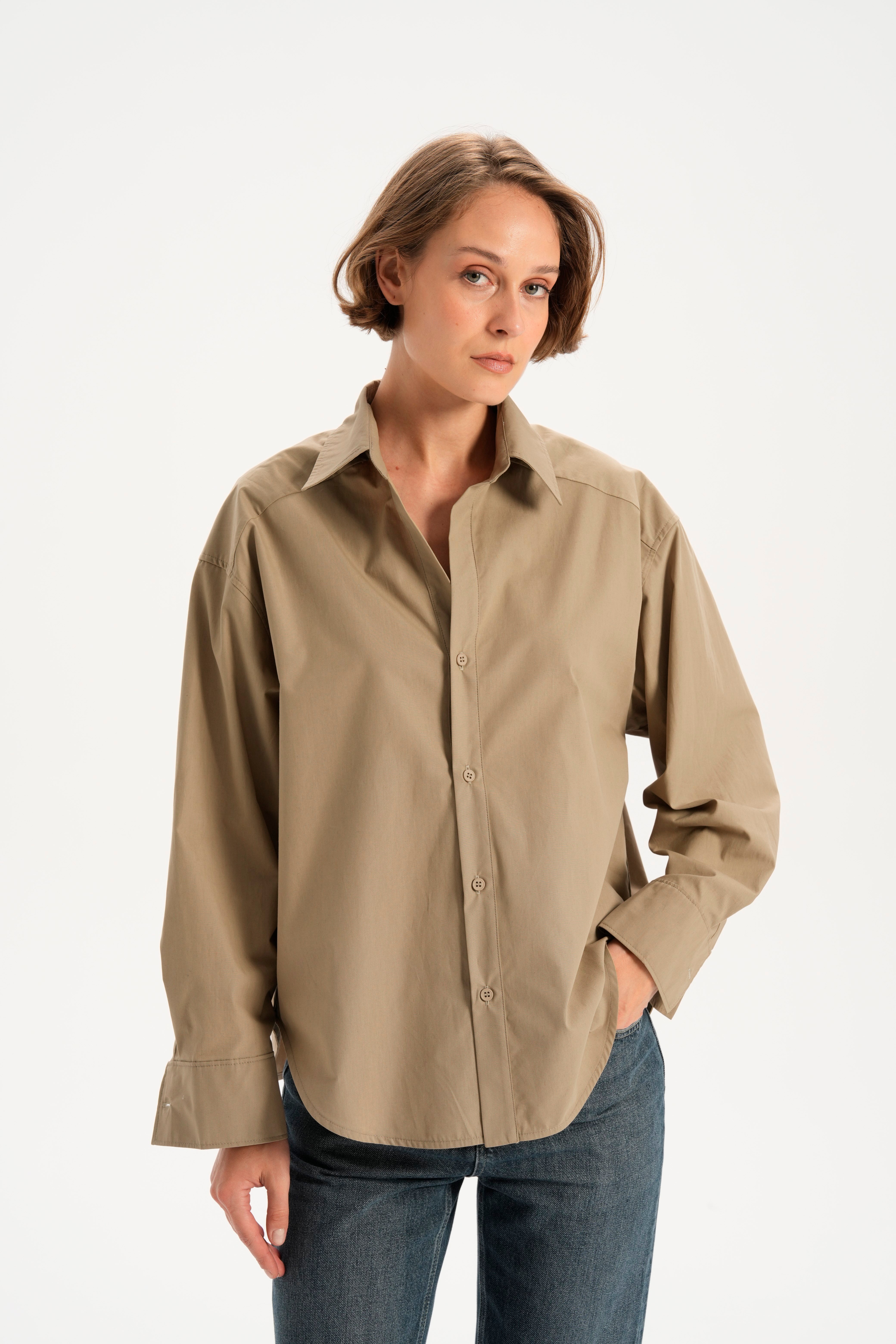Camel Kavisli Poplin Gömlek