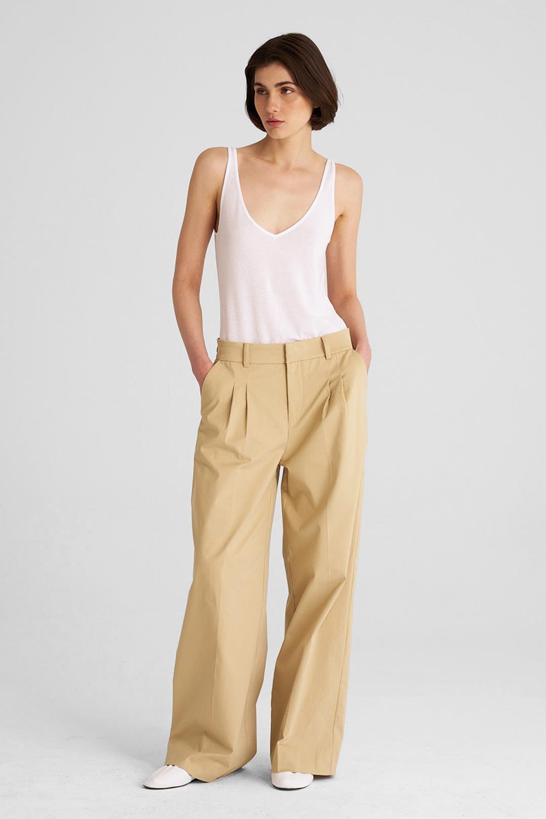 Camel Pilili Bol Paça Uzun Pantolon