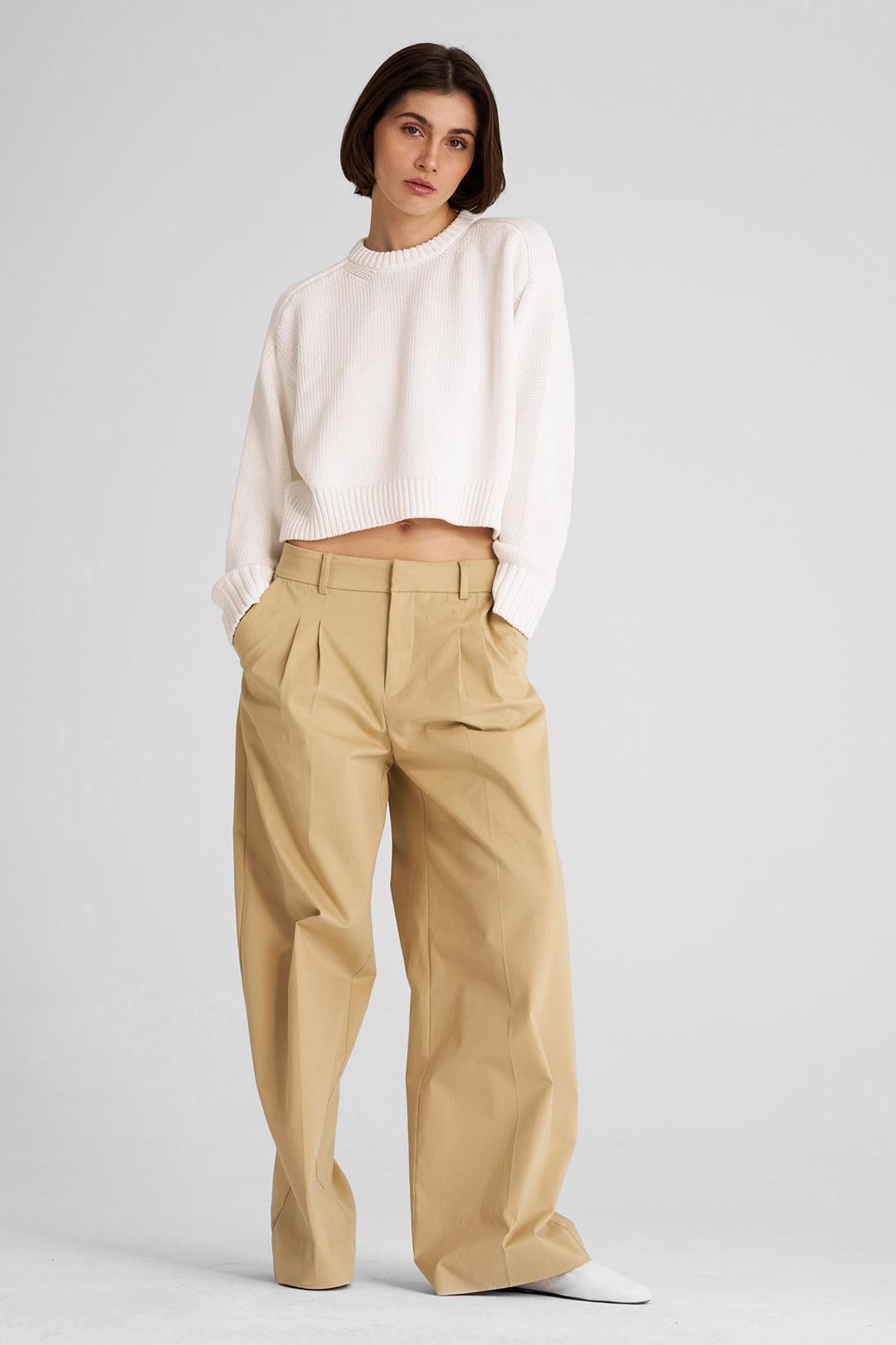 Camel Pilili Bol Paça Uzun Pantolon