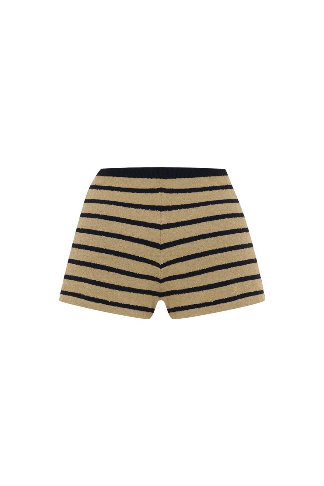 Camel/Siyah Çizgili Havlu Bağcıklı Mini Şort