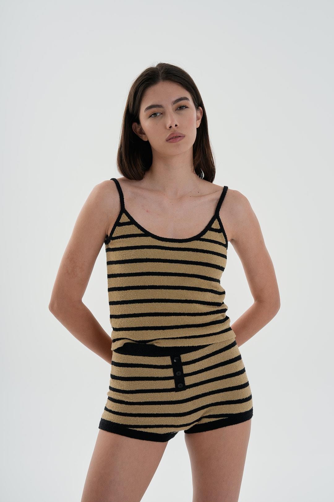 Camel/Siyah Çizgili Havlu Boxer Şort