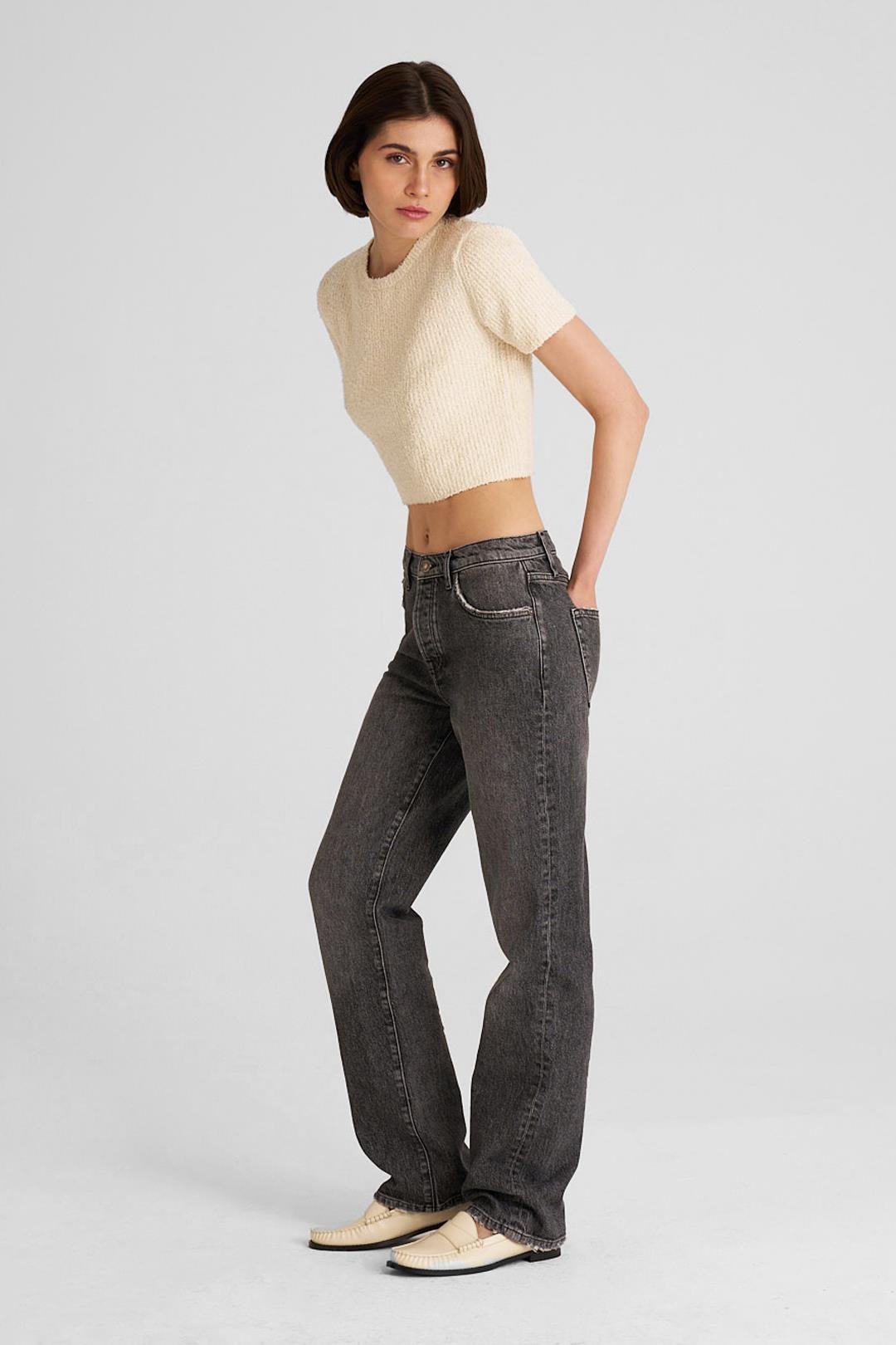 Ekru Buklet Kısa Kol Kazak