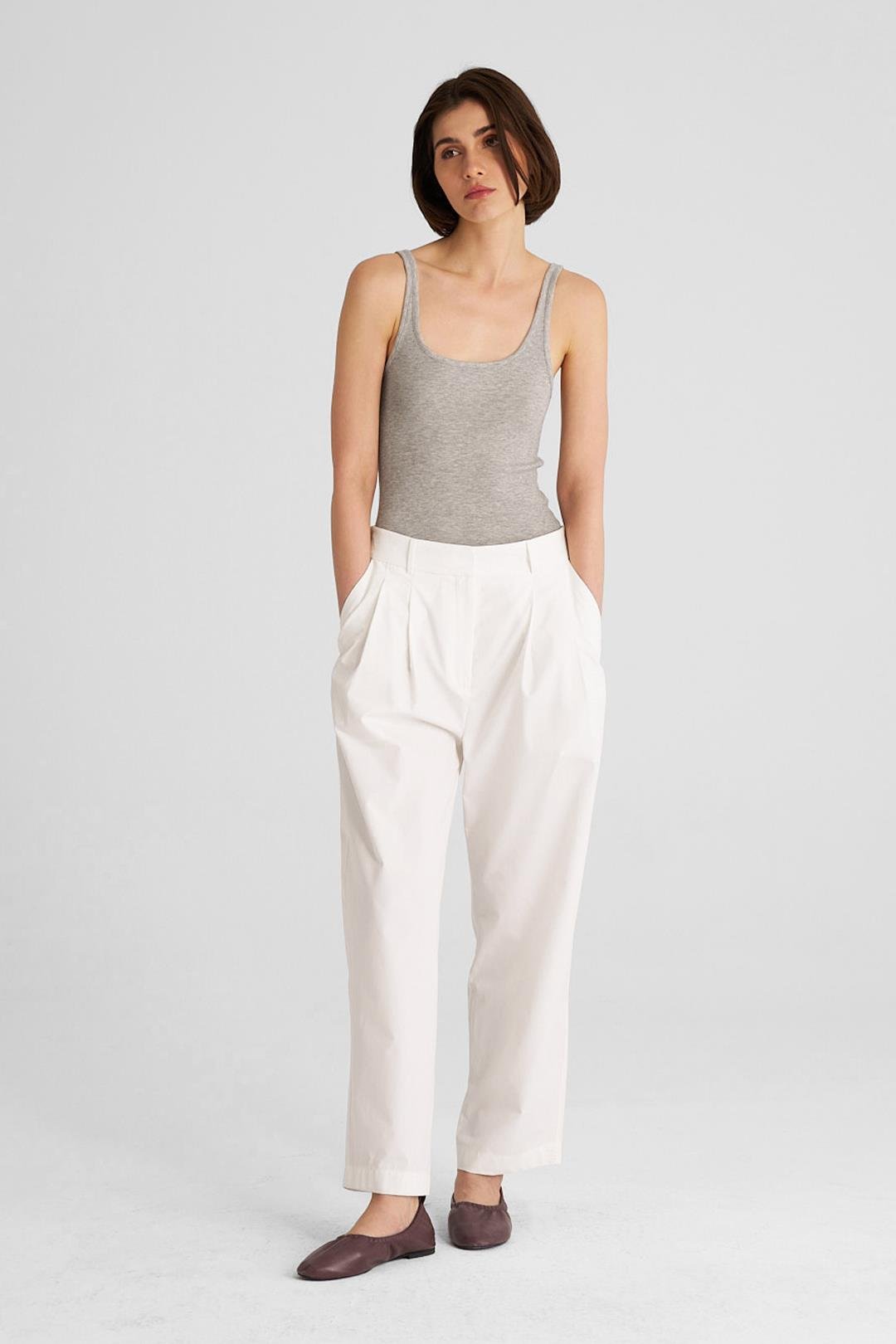 Ekru Çift Pilili Koton Pantolon