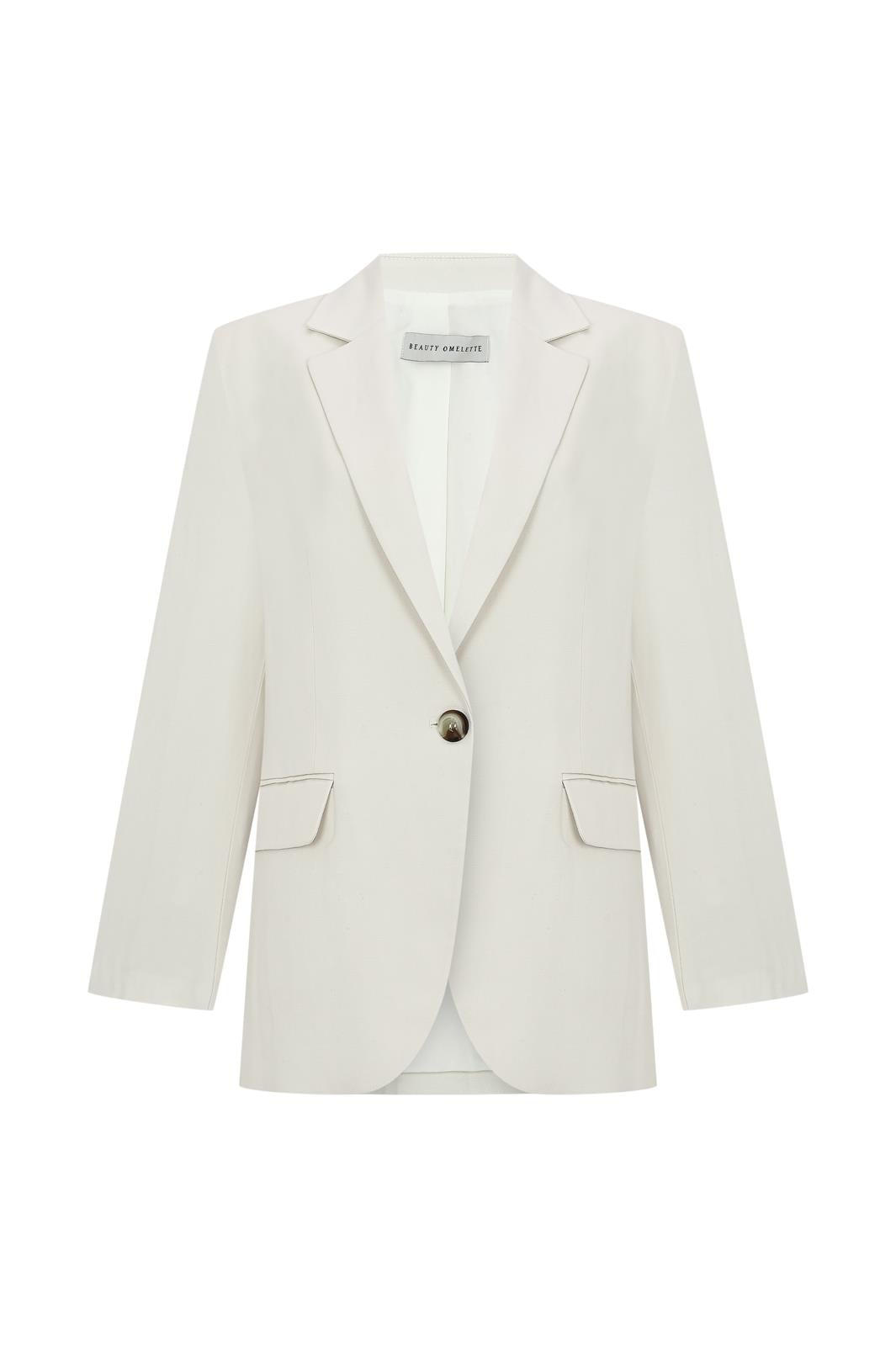 Ekru Düz Kesim Keten Blazer Ceket