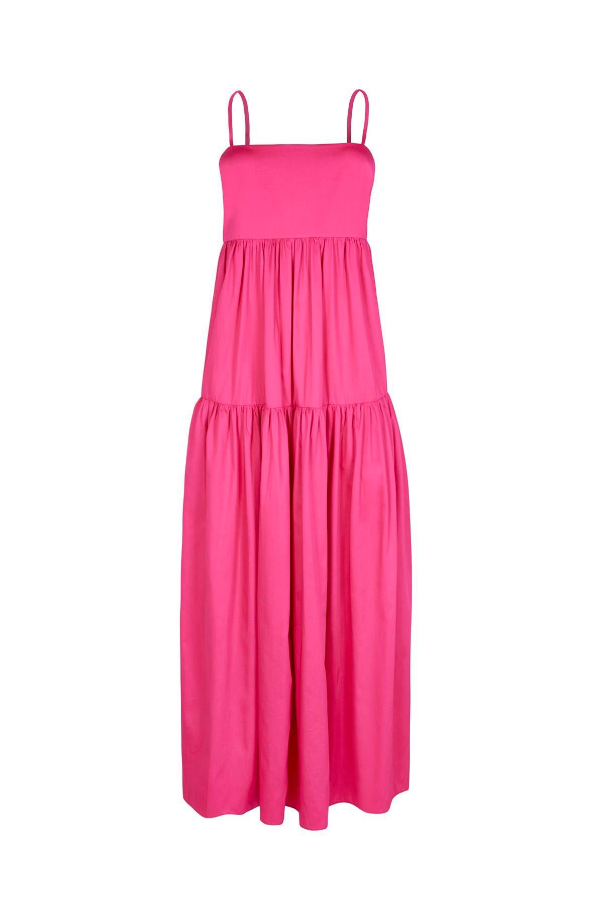 Fuşya Kare Yaka Uzun Poplin Elbise