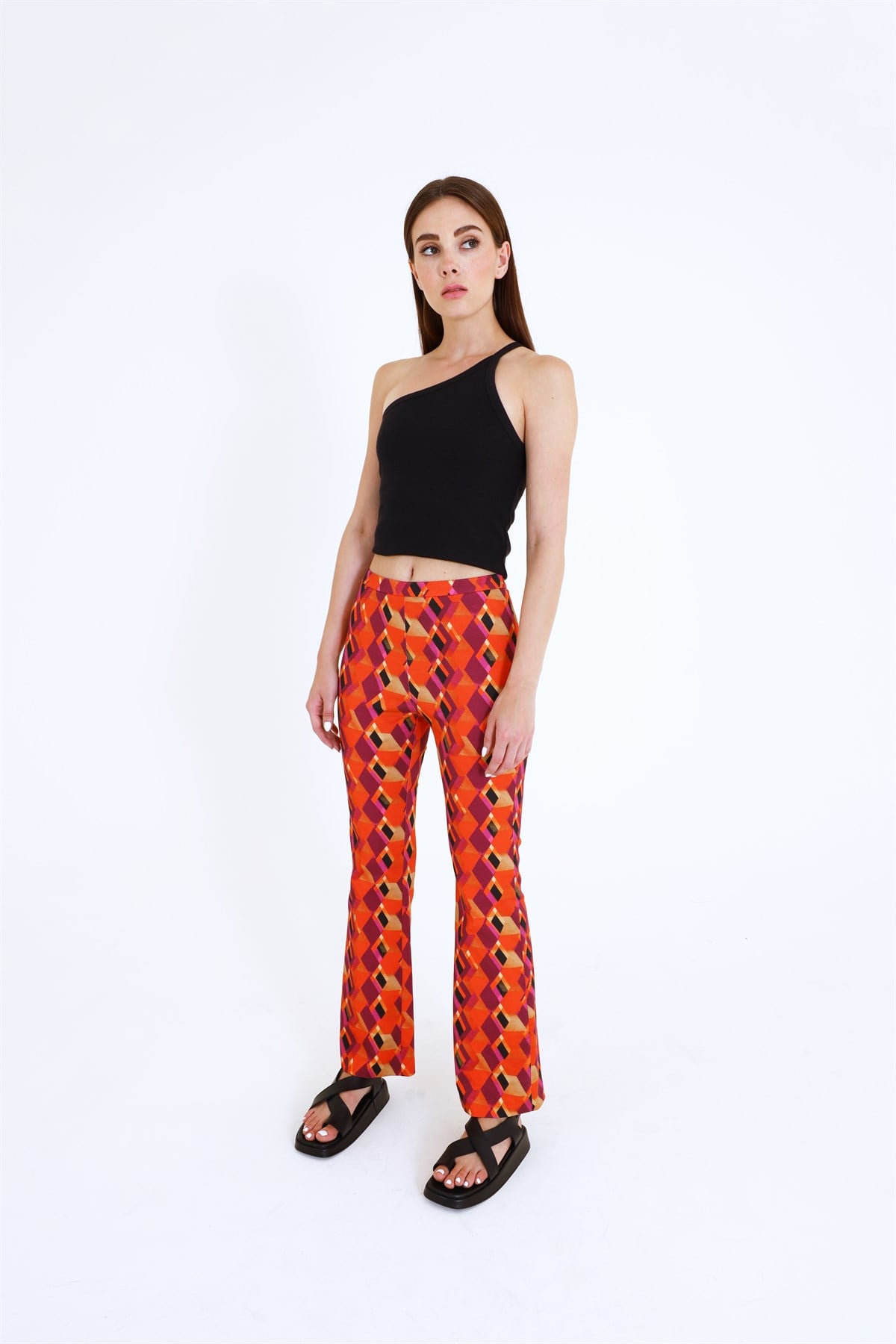 Geometrik Desen Crop Flare Koton Pantolon