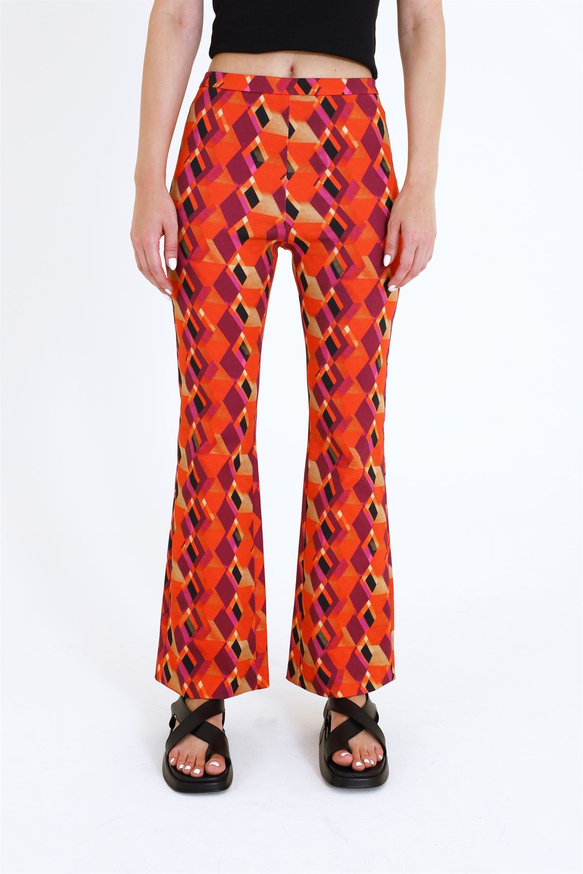Geometrik Desen Crop Flare Koton Pantolon