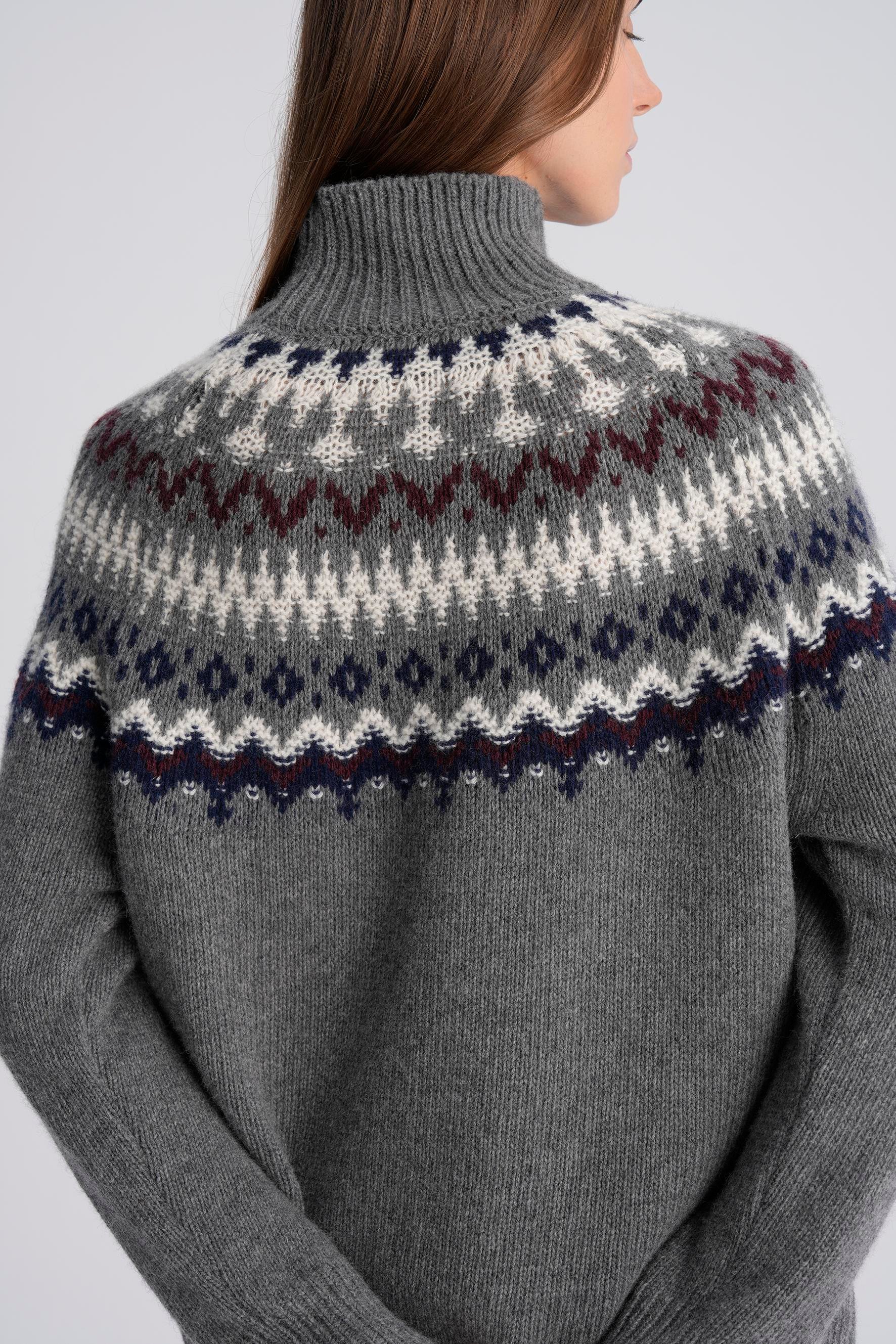 Gri Balıkçı Yaka Jakarlı Yün Triko Kazak