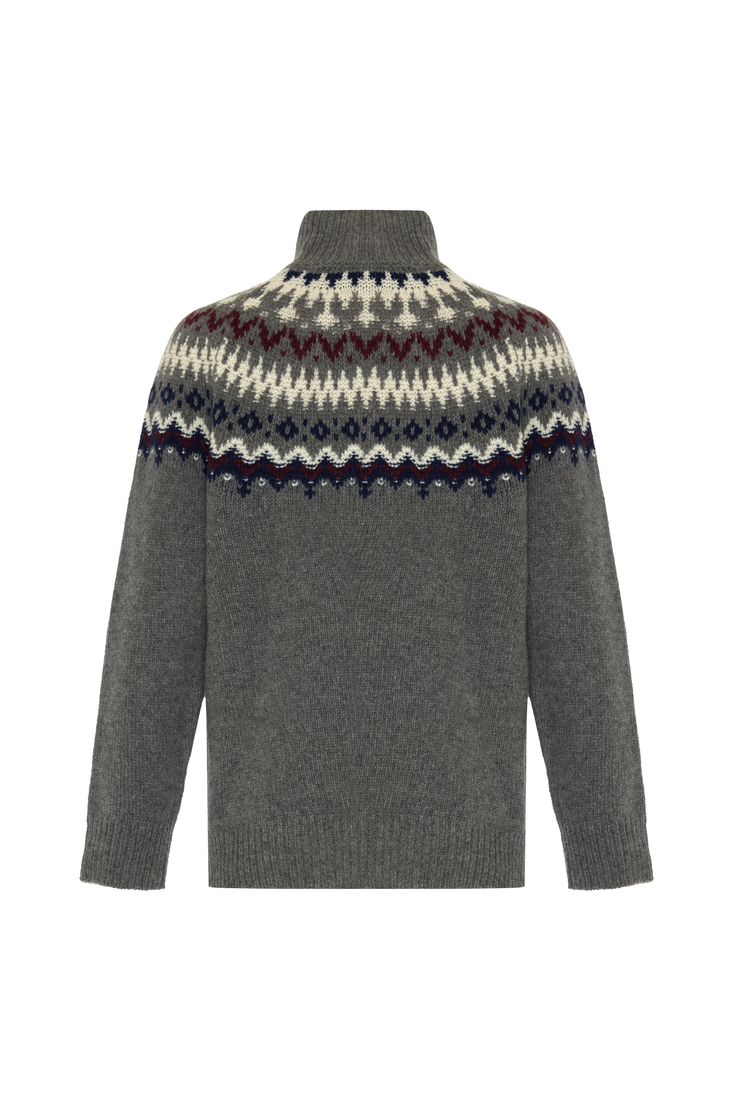 Gri Balıkçı Yaka Jakarlı Yün Triko Kazak