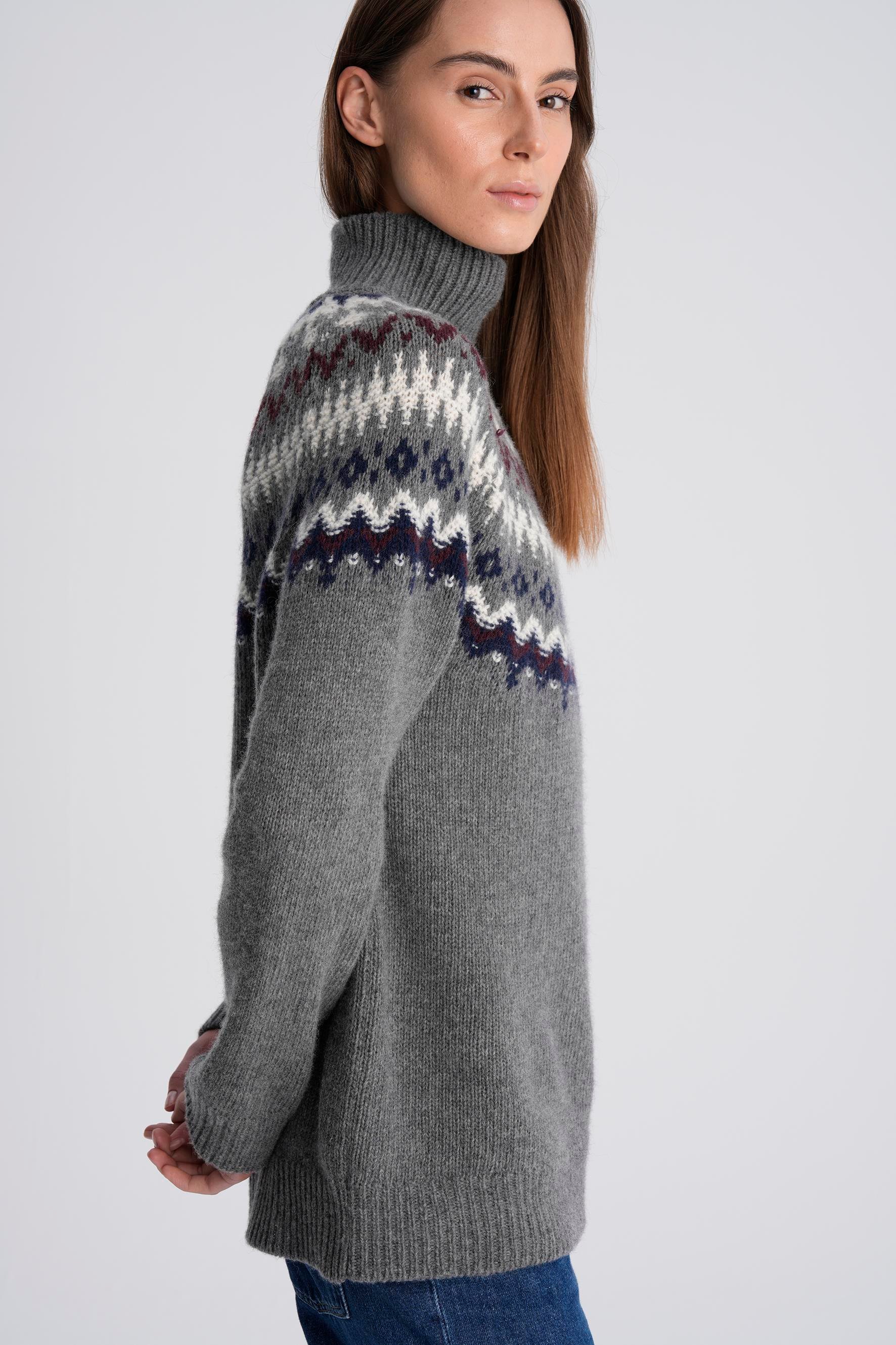 Gri Balıkçı Yaka Jakarlı Yün Triko Kazak