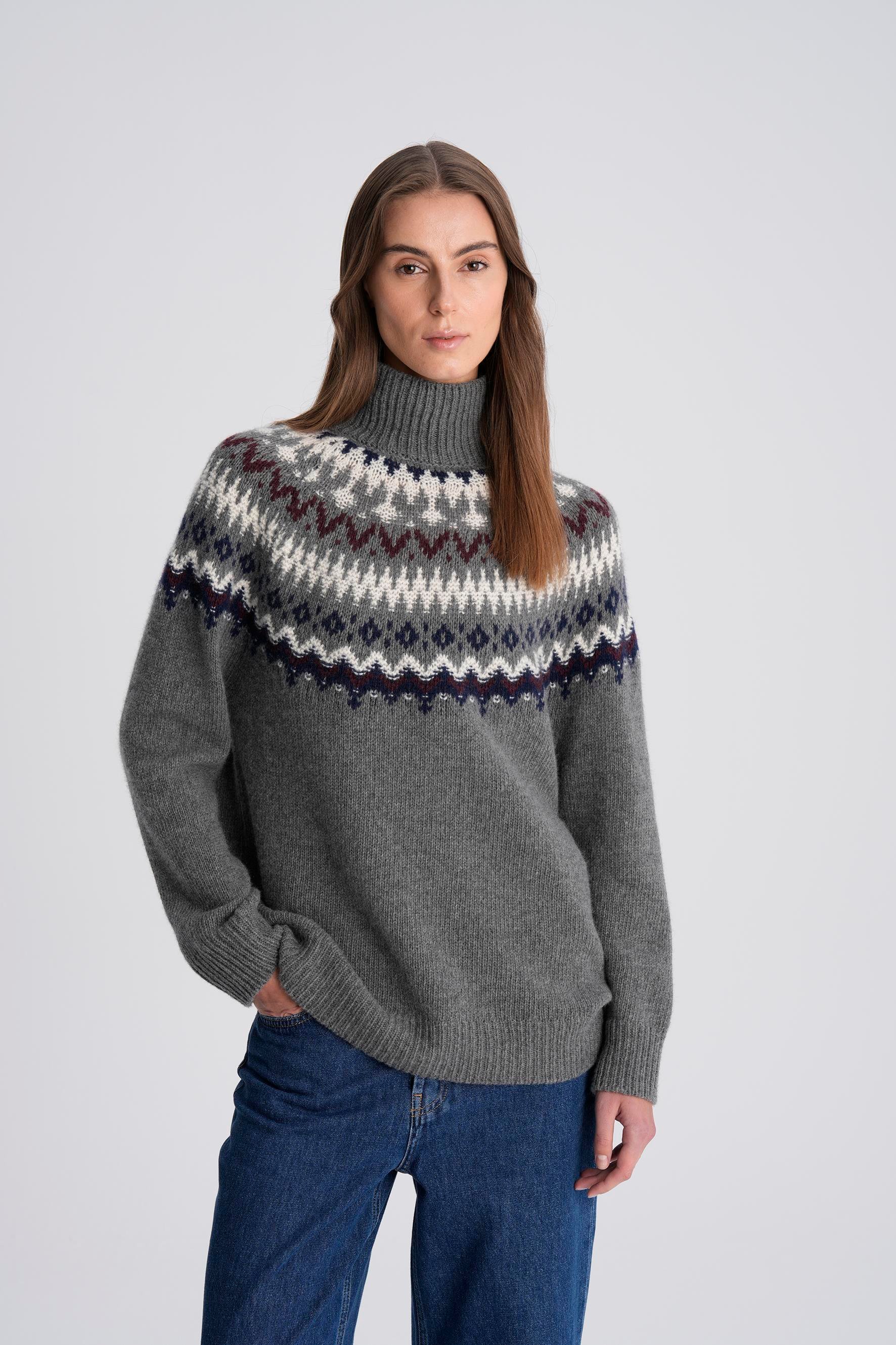 Gri Balıkçı Yaka Jakarlı Yün Triko Kazak