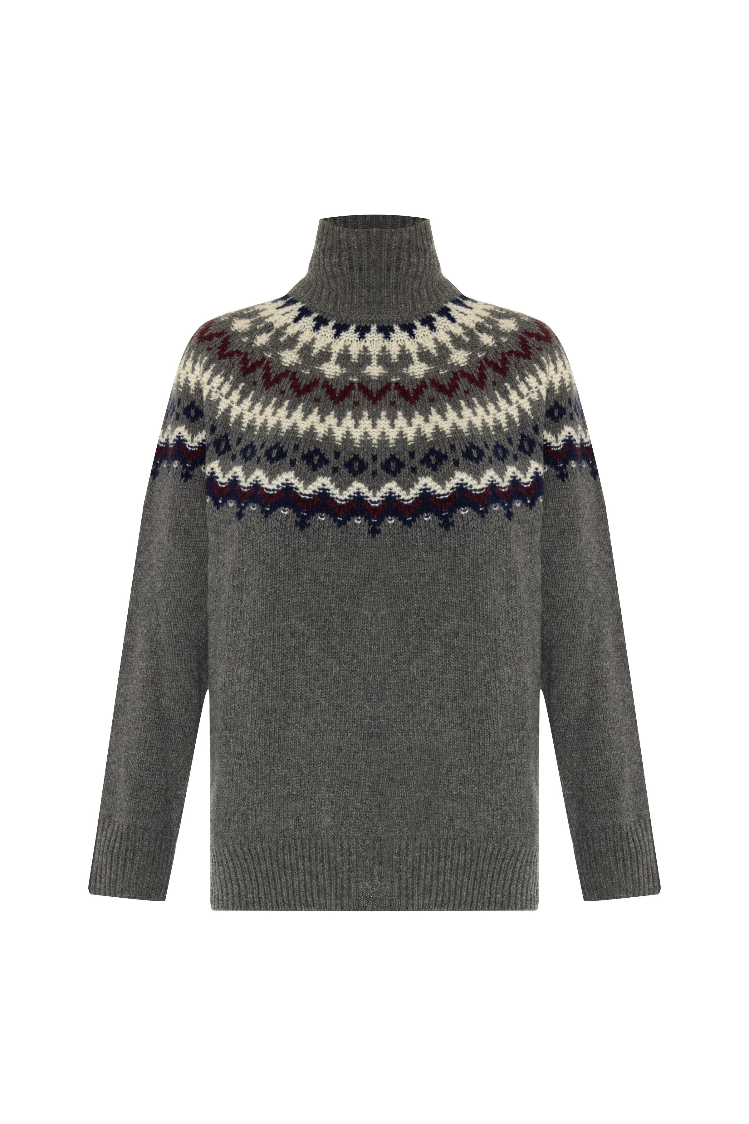 Gri Balıkçı Yaka Jakarlı Yün Triko Kazak